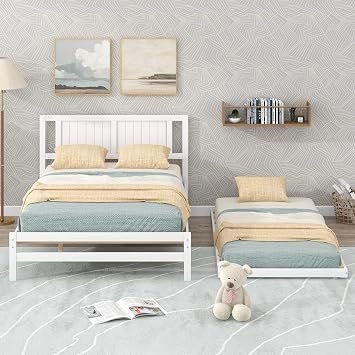 CITYLIGHT Wood Platform Bed Full Size with Pull-Out Trundle for Saving Space, Modern Bed Frame for 2, White