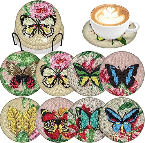 8 posavasos de diamantes de mariposa con soporte para bricolaje, diseño de mariposas florales, diseño de diamantes, posavasos de diamante 5D,