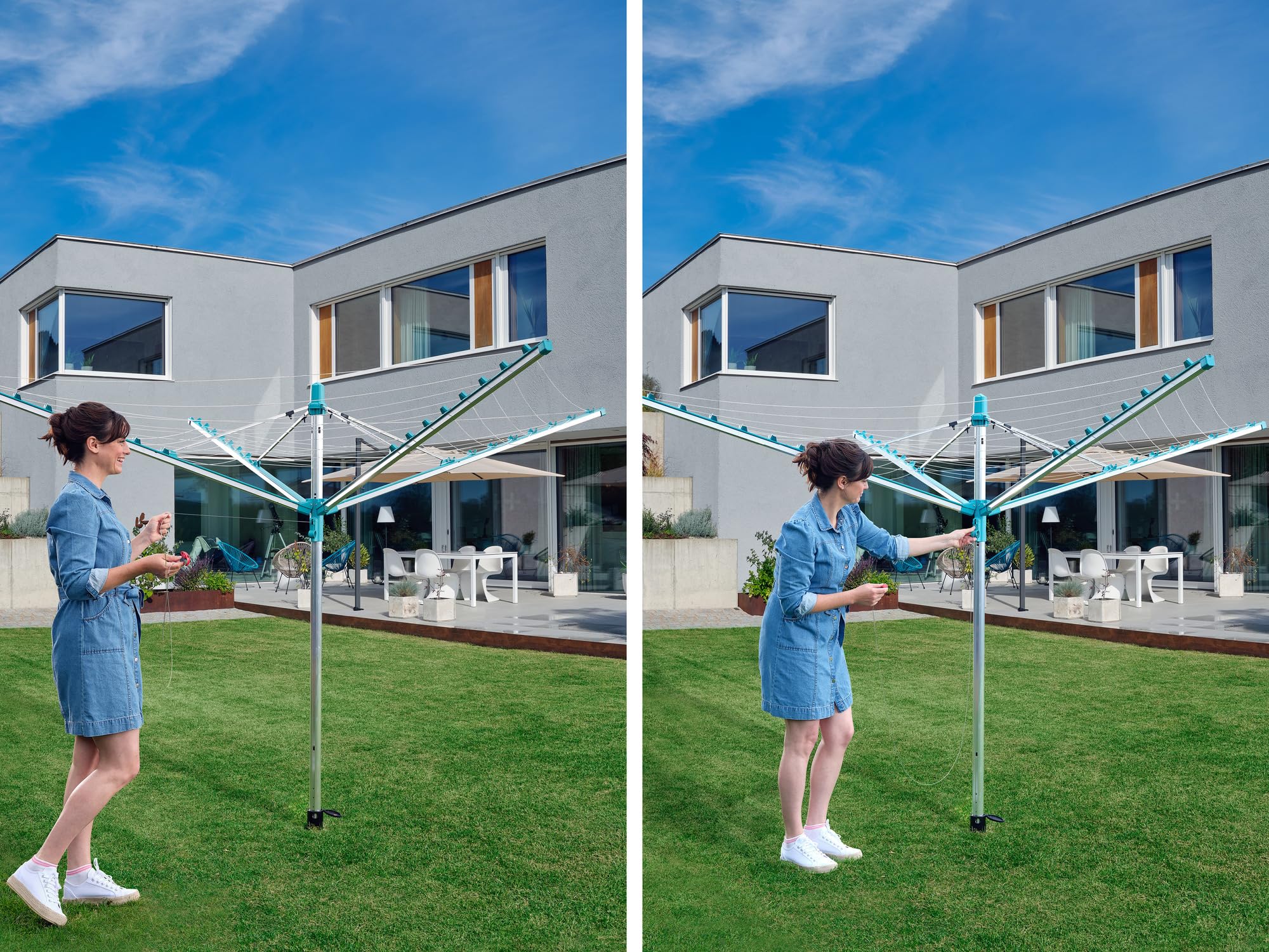 Leifheit Tendedero giratorio de jardín Linomatic 500 Easy para tender ropa, tenderete vertical con sistema Easy Lift, tendedero exterior con 50 m de cuerda | Easy-Lift, cuerdas protegidas de la suciedad, hasta 5 coladas, 1,86 m, resistente a UV e intemper