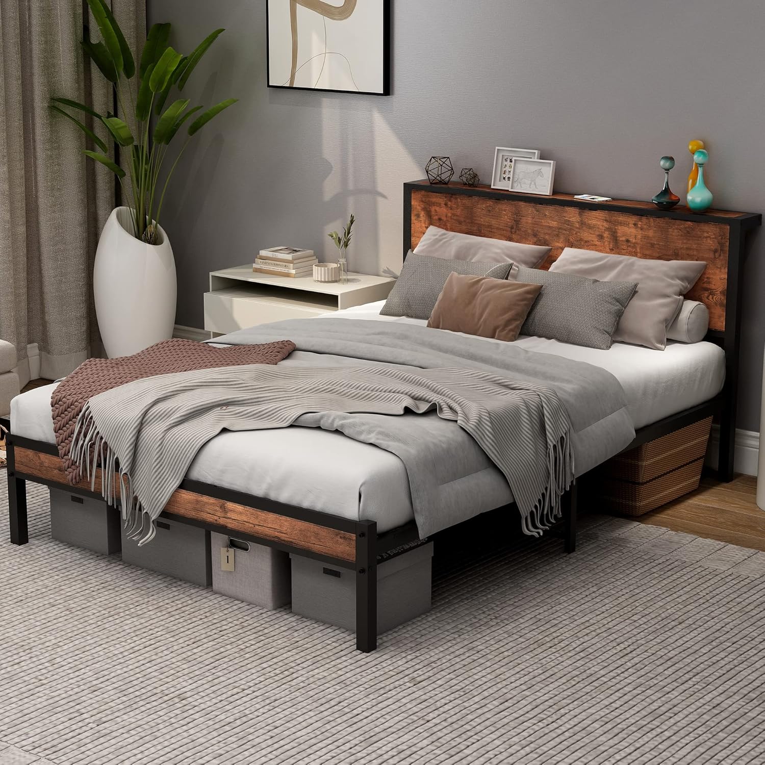 DUMEE Full Bed Frame with Wood Storage Headboard, Metal Platform Bed Frame Full, No Box Spring Needed, Noise Free, Reinforced Strong Support Leg, Textured Black&Brown Oak - Image 3