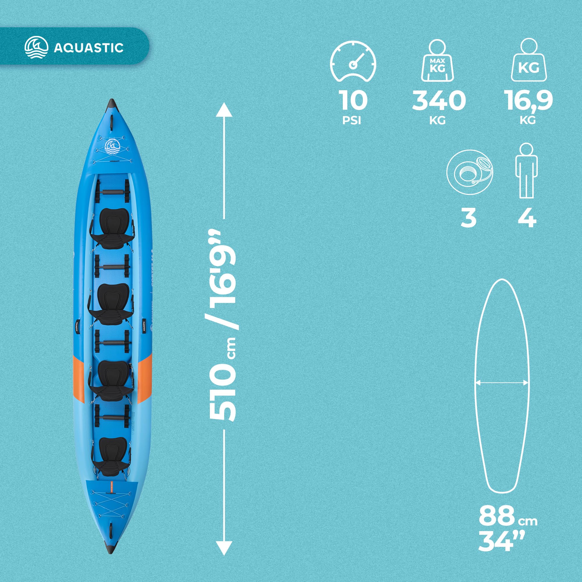 AQUASTIC Cortez 16'9 - Kayak hinchable híbrido para 4 personas de hasta 340 kg