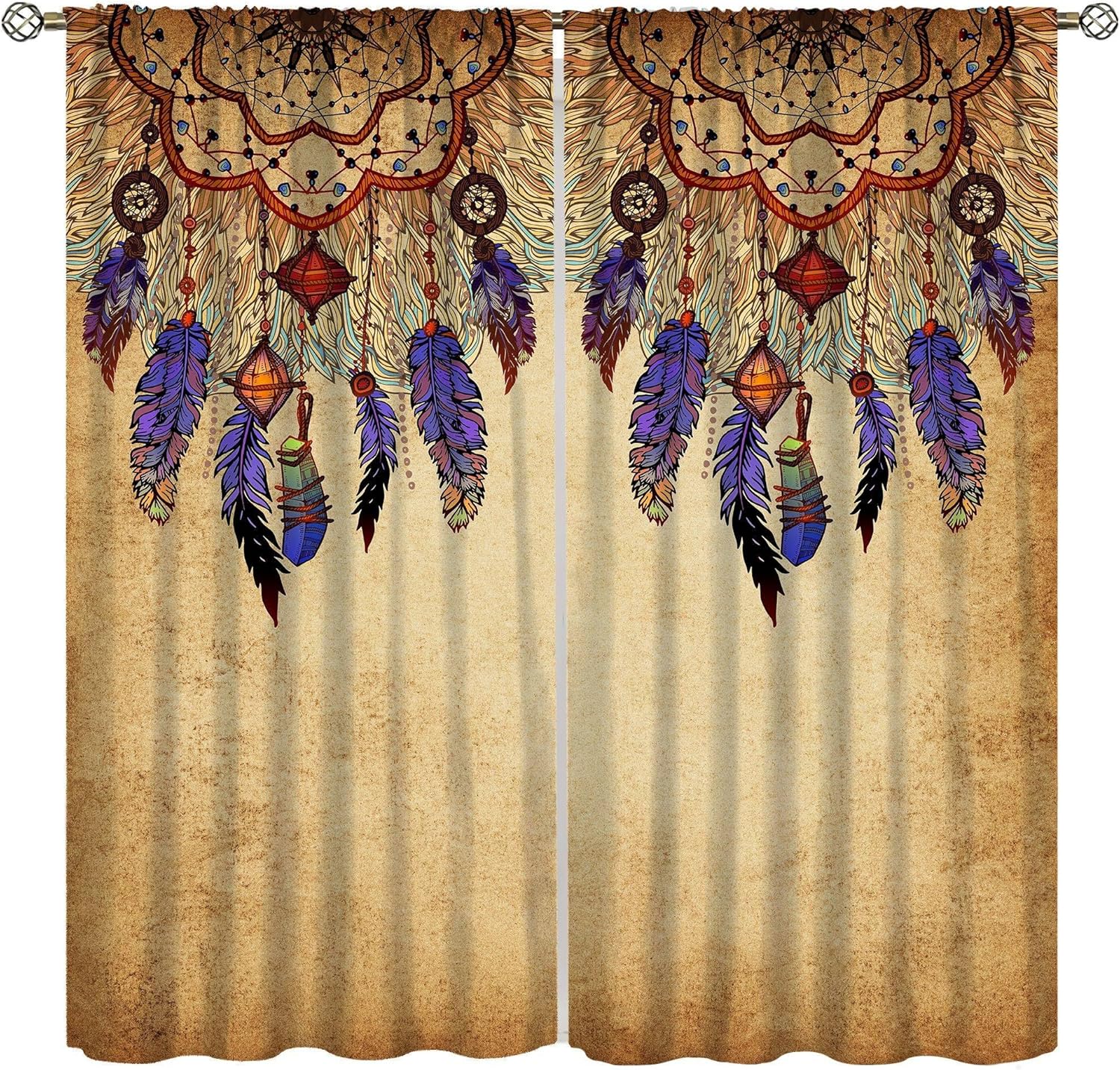 Vintage Feather Curtains for Kitchen,Ancient Colored Dreamcatcher Feather Totem Art of Indian Tribes Window Treatments Print for Girls Bedroom Living Room 42x45in(No Blackout)