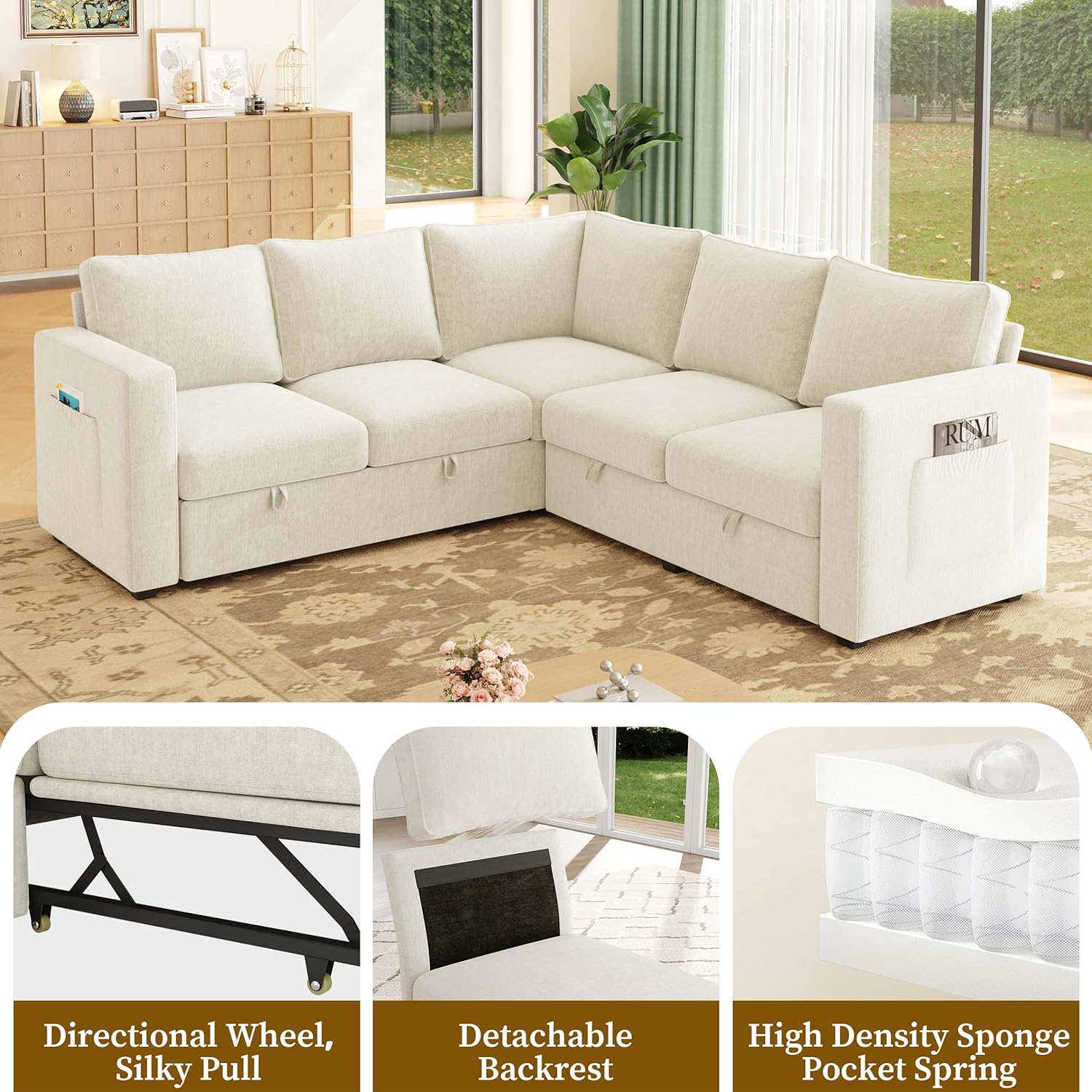83.5" Sectional Sleeper Sofa with Pull Out Couch, Modern 5 Seat L Shaped Modular Couch, Sectionals Modular Sofa with Storage, Comfy Sectional Couches for Living Room & Apartment, Beige Beige 5 Seat Sofa
