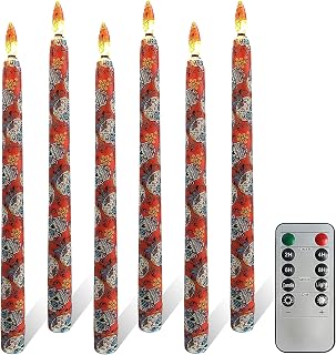 6PCS Day of The Dead Style Skull Flameless Taper Candles, 11 Inch LED Candlesticks Battery Operated with 11-Key Remote and Timer, 3D Flickering Flame Lights for Wedding Party Home Decor Gifts