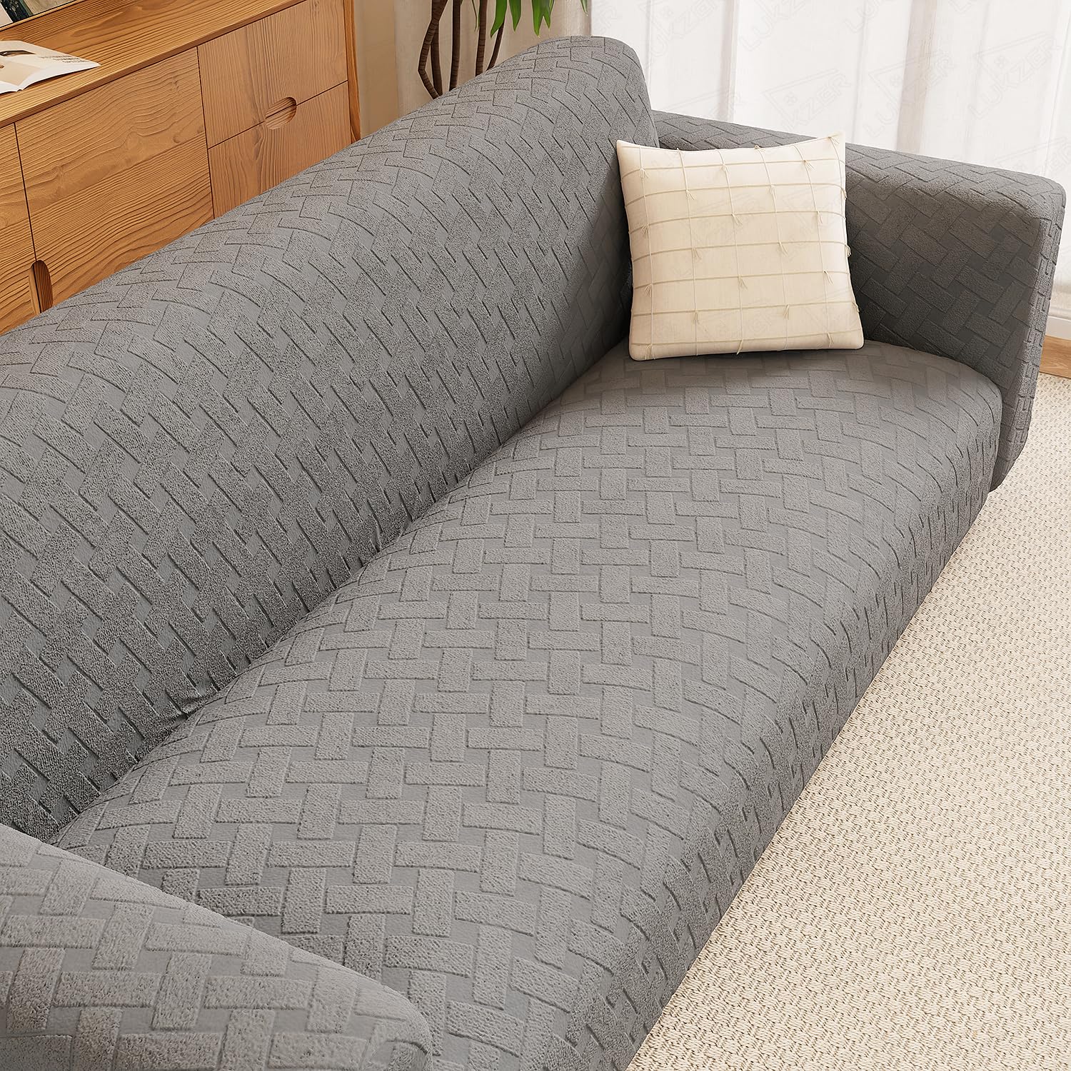 Lukzer 2 Seater Pastel Dark Grey Basket Weave Pattern Sofa Cover | 240 GSM Universal Stretch Fit Jacquard Fabric Couch Protector | Fully Covered Anti Slip & Washable Sofa Cover (140-180cm/SC-111-02)-image-32