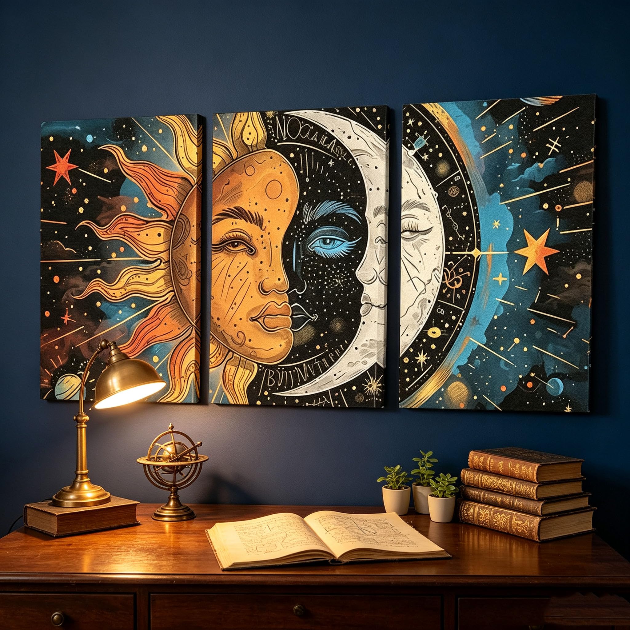 CWZBFEH Set di 3 quadri su tela a tema celeste, spazio astratto moderno (55x75 cm x 3 pezzi/con cornice)