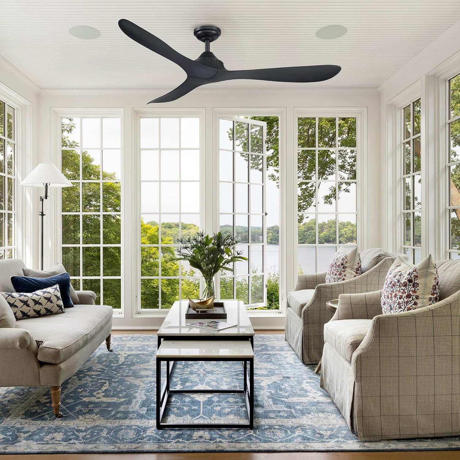 56" Black Ceiling Fan No Light - Modern Ceiling Fan without Light and Remote, 6 Speeds, Reversible 3 Blades, Outdoor Ceiling Fans for Patios Bedroom Living Room Garage