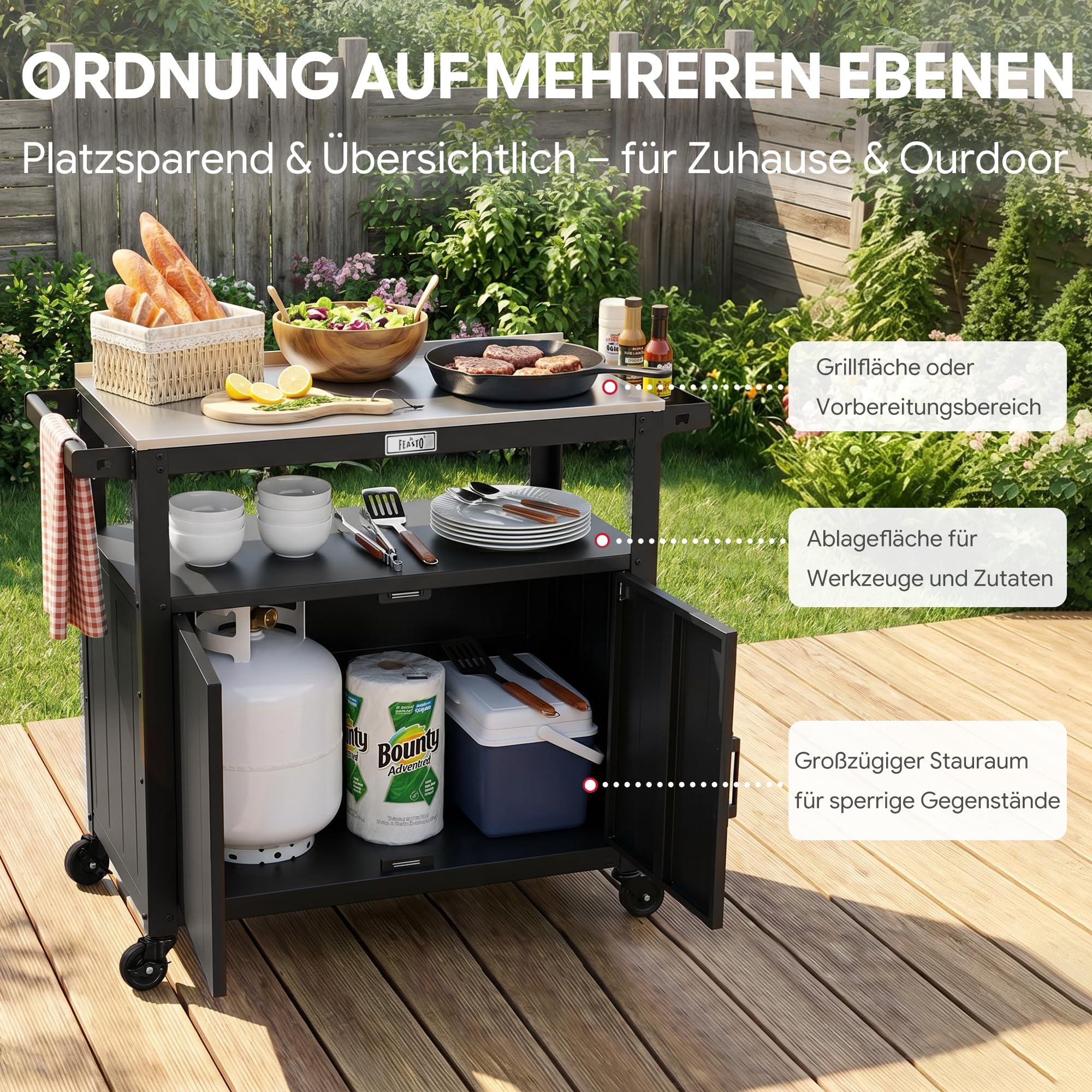 Feasto Servierwagen mit Rollen, Grillwagen mit Schrank, Edelstahlplatte, Outdoor Küche für Terrasse & Garten, 100x45x89,5 cm