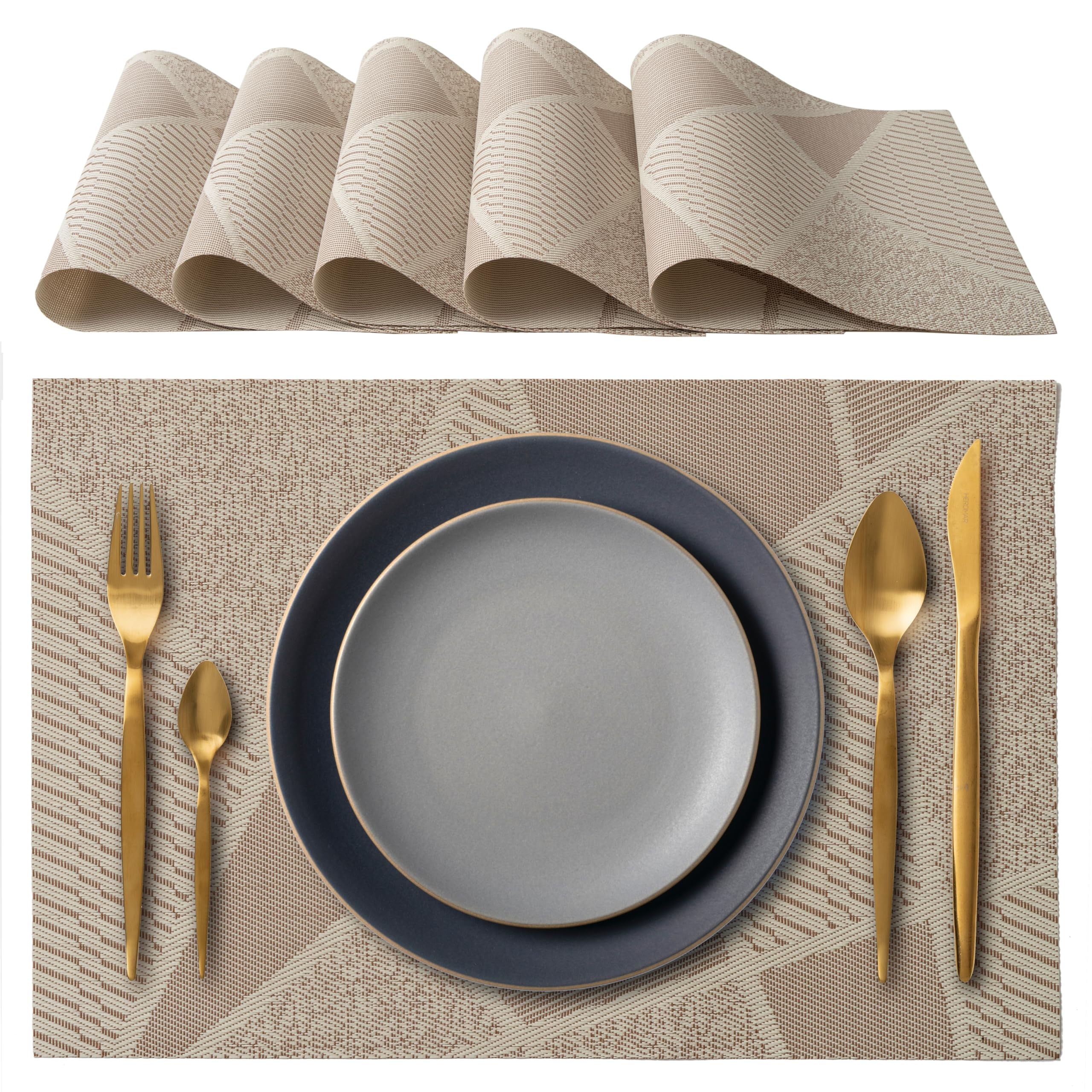 IPEA Manteles Individuales e Mesa Elegantes 45 x 30 cm para Cena, Almuerzo, Desayuno - 6 Unidades - Mantel Individual Lavable, Resistente Calor, Antideslizante, Antimanchas para Mesa de Cocina - Beige