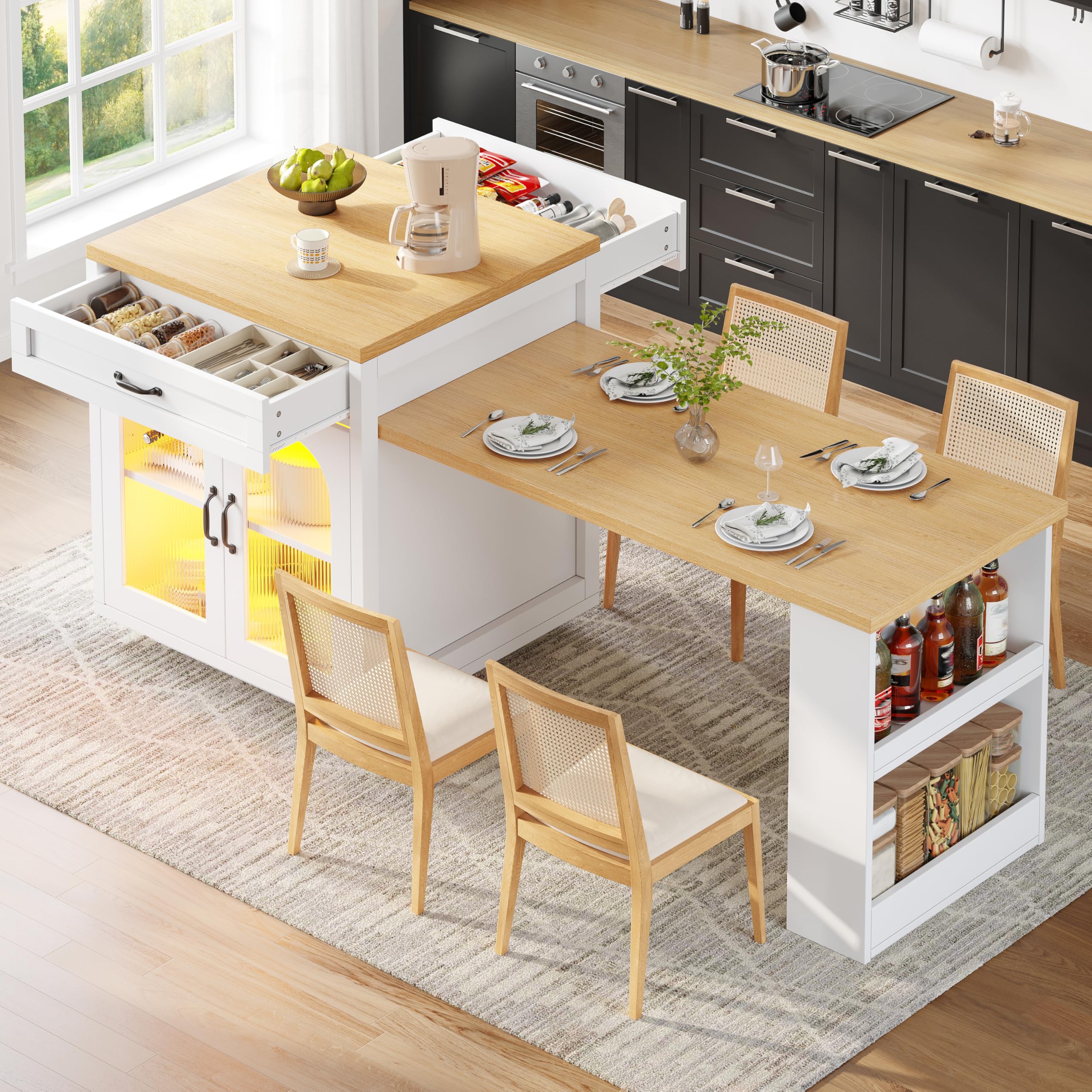 Xfholl Extendable Kitchen Island with LED Lighting, Modern Storage Cabinet with 2 Drawers & Adjustable Shelves, Kitchen Sideboard with Fluted Glass Doors, MDF, White