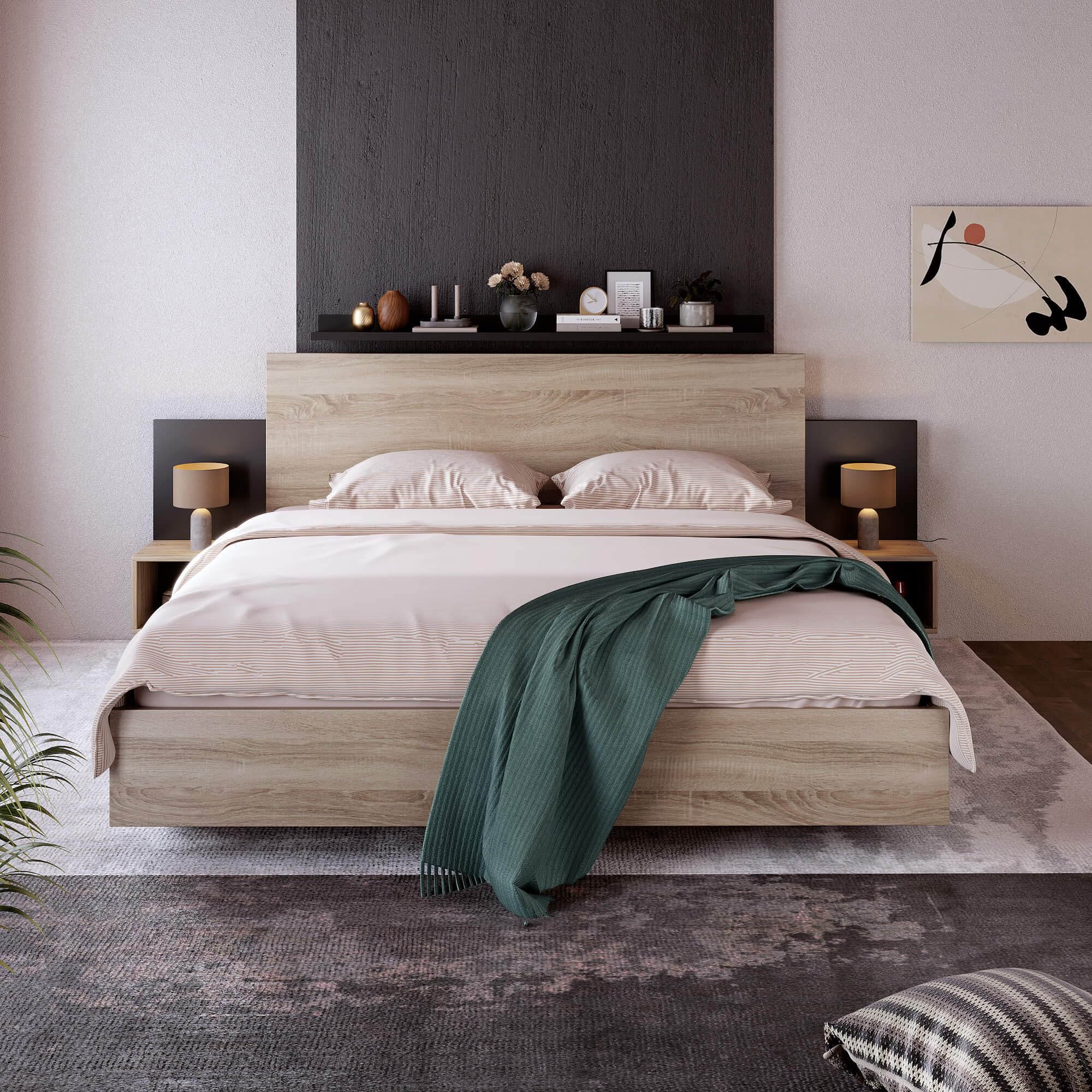 HYUB Schlafzimmer Komplett Set, Doppelbett Holzbett 160x200cm mit 2 Nachtkommoden und Holz Lattenrost, Schlafzimmer Komplett Set, Bettrahmen aus Stabiler Massivholz, für Schlafzimmer Gästezimmer