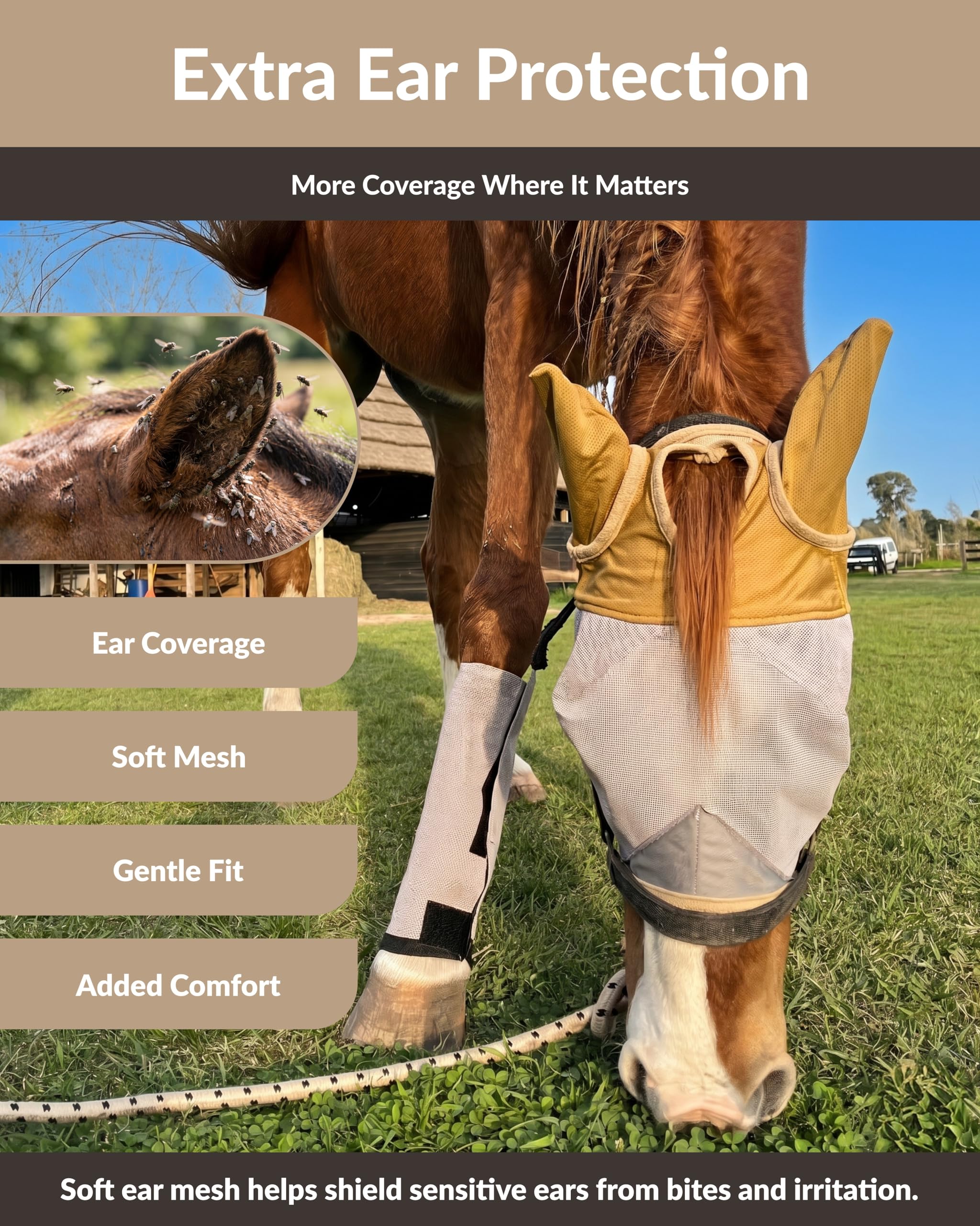 Máscara de mosca de caballo con orejas – Malla que no transfiere calor – 70% de protección UV – Máscara de mosca equina transpirable con cubierta para orejas – Tamaño de caballos – Máscara suave y