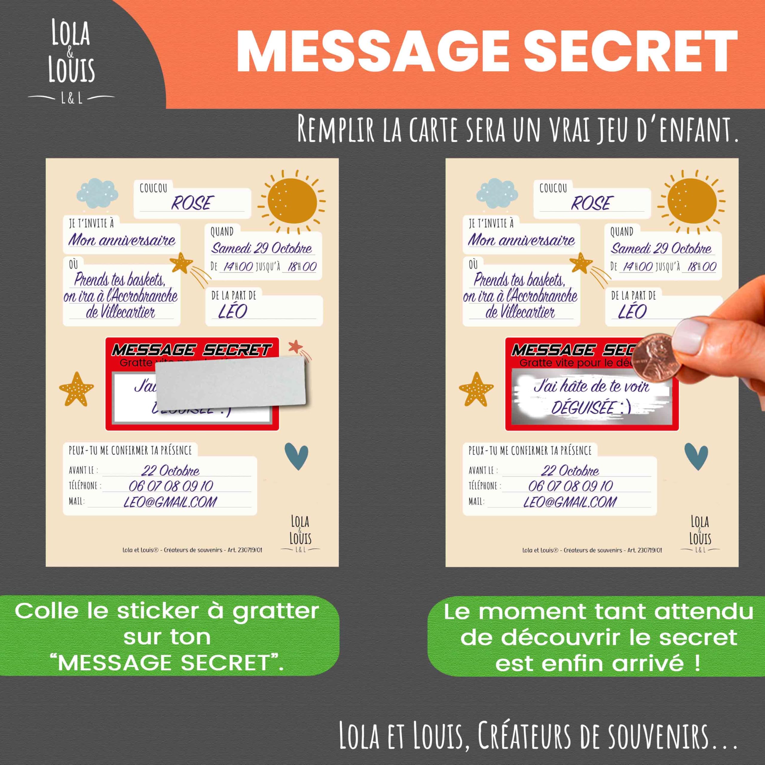 Lola et Louis (L&L) Kit invito completo per 10 ospiti ragazze o ragazzi: buste, messaggio segreto da GRATTER, biglietti d'invito dinosauri Jurassic, adesivi decorativi, tracciamento inviti