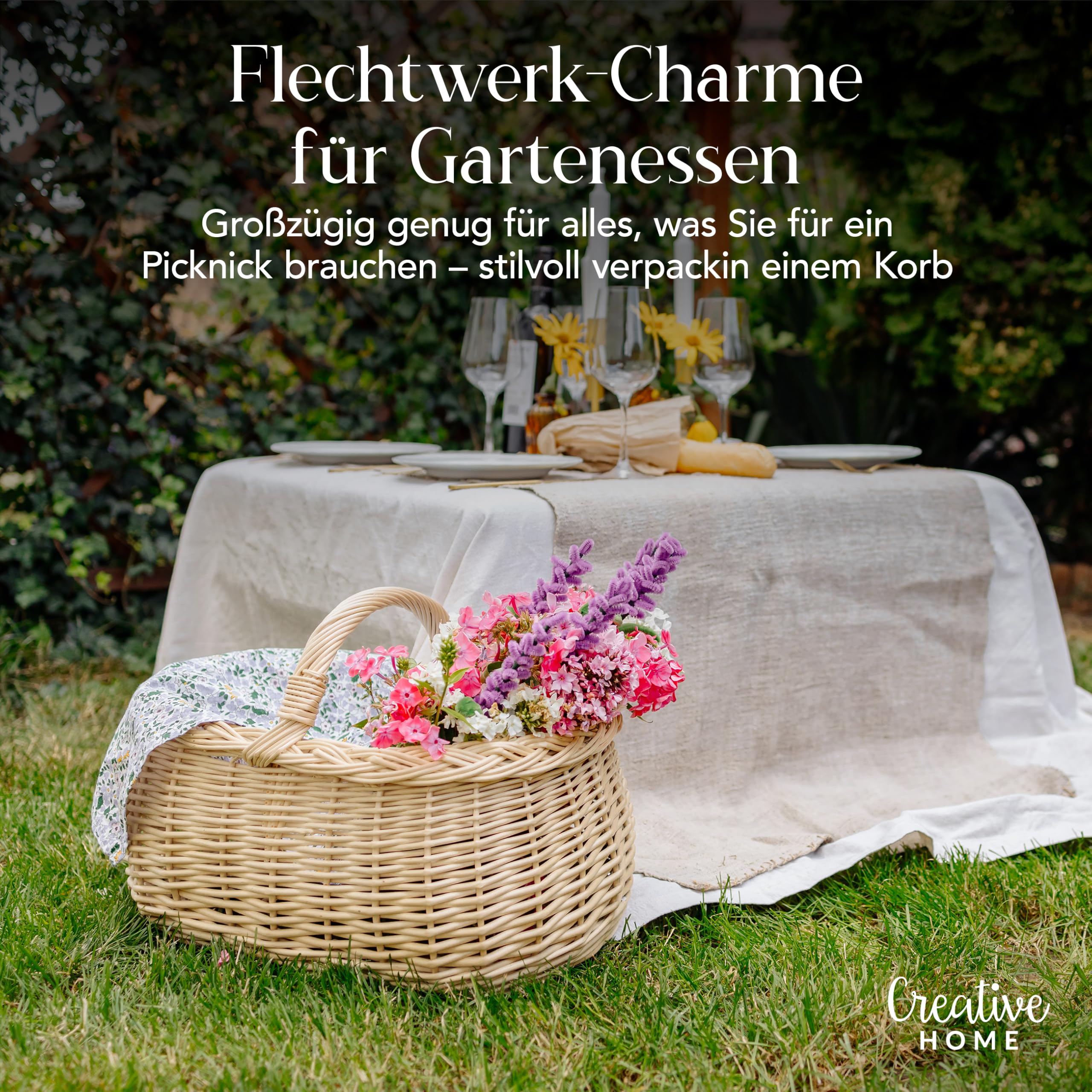 Creative Home Weiße Große Picknickkorb Weidenkorb mit Henkel Einkaufskorb Autokorb | 45 x 32 x 34 cm (+/- 1 cm) | Groß und Leicht | Handgeflochten | Universell und Langlebig Osterkörbchen Geflochten