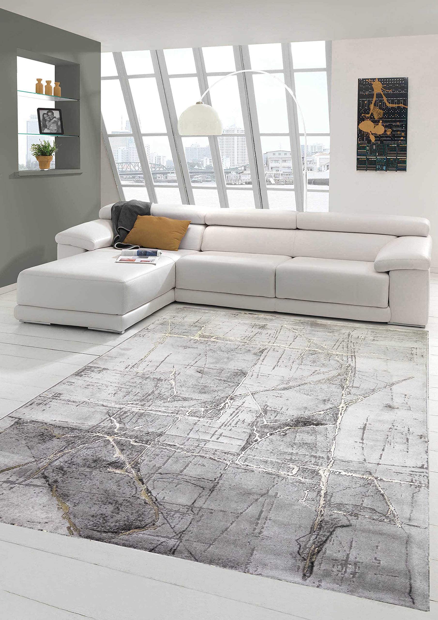 Tapis de salon moderne tapis abstrait en gris crème or Größe 60x110 cm