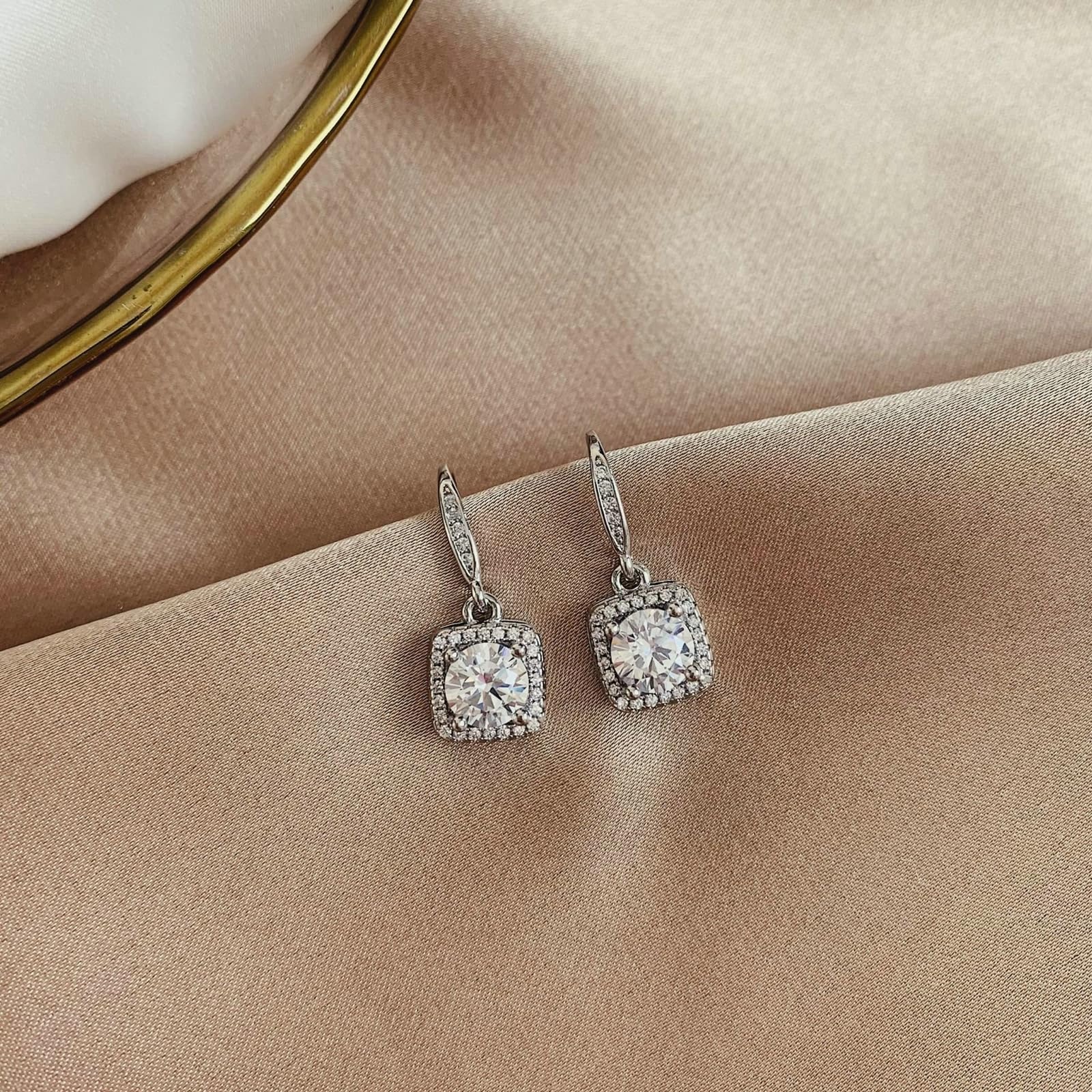 Pendientes de oro blanco 750, pendientes de oro auténtico para mujer, diseño cuadrado clásico con moissanita, pendientes de boda para mujer, oro blanco