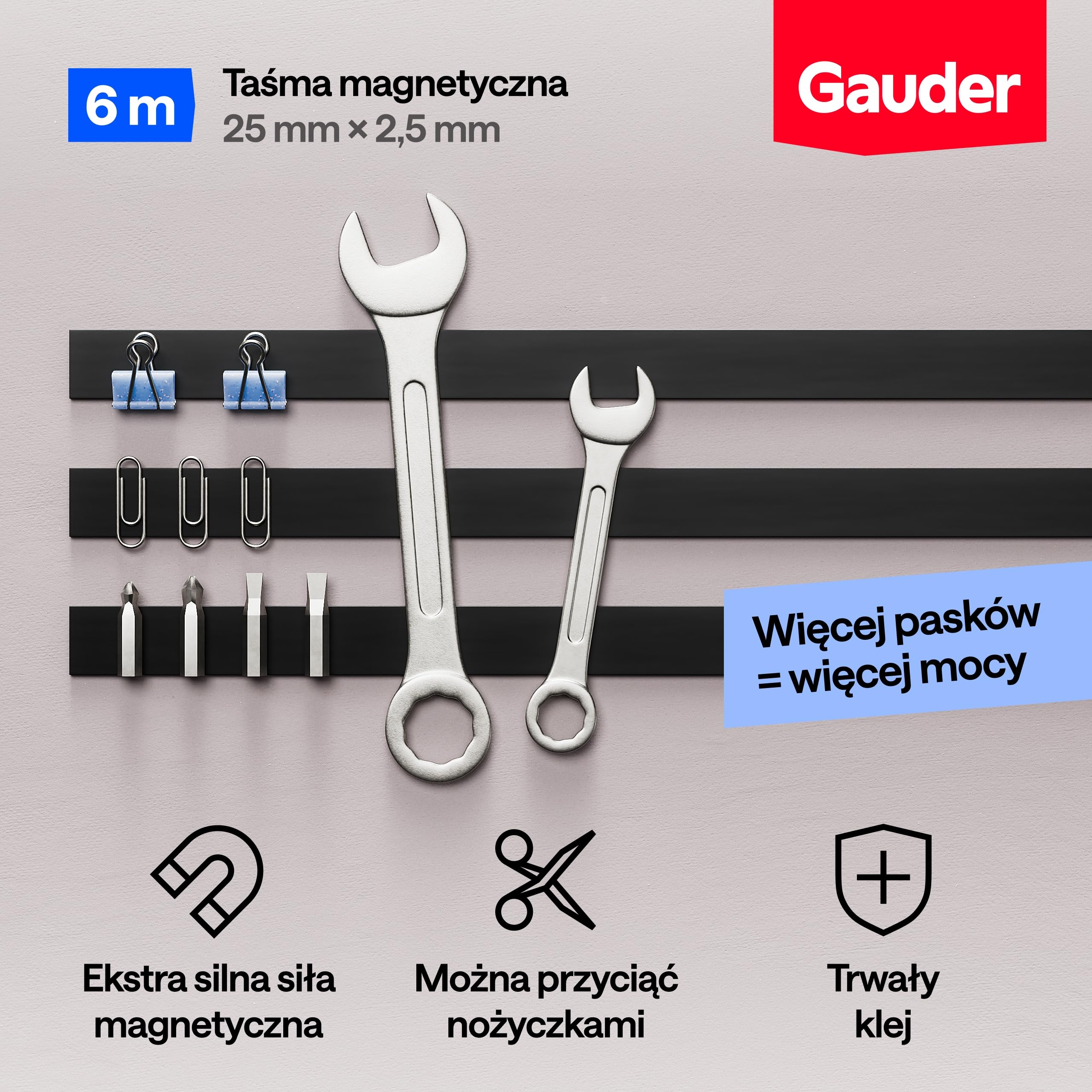 GAUDER Taśma magnetyczna samoprzylepna mocna - Pasek magnetyczny mocny - Przycinalna taśma magnetyczna ekstra mocna - Taśma magnetyczna ekstra mocna - Magnes taśma (6 m x 25 mm)