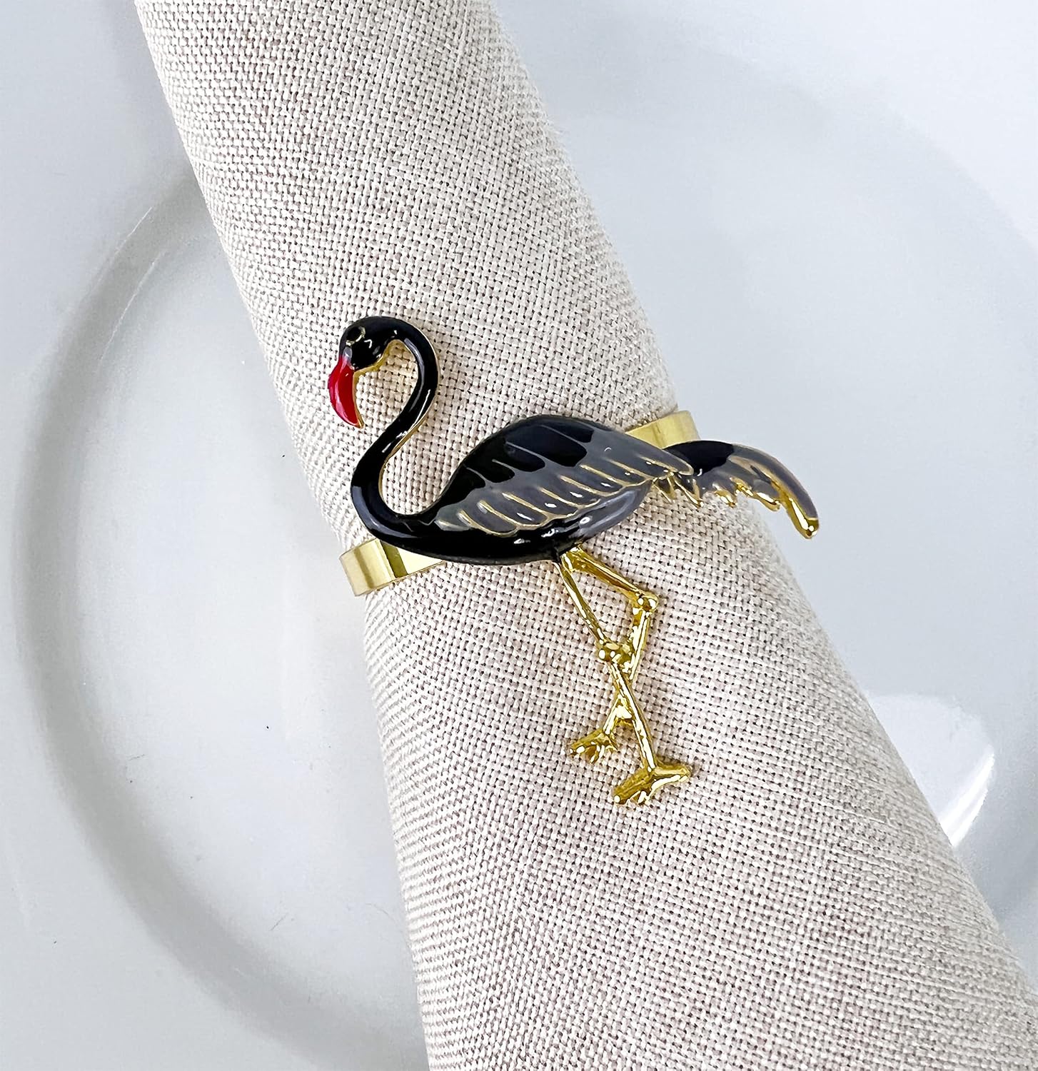 Fennco Styles Enamel Glazed Flamingo Metal Napkin Rings, Set of 4 - Beige Decorative Napkin Holders for Home, Dining Room, Banquets, Family Gatherings, Holidays and Special Occasions