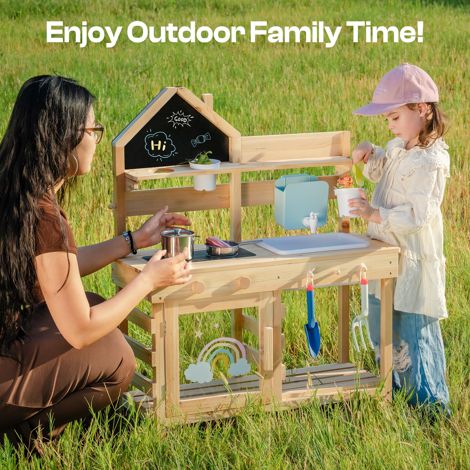 ROBOTIME Kinder Matschküche aus Holz mit Spüle, Tafel, Herd, Wasserhahn, Kochgeschirr & Stauraum – Outdoor Spielküche für Jungen & Mädchen ab 3 Jahren