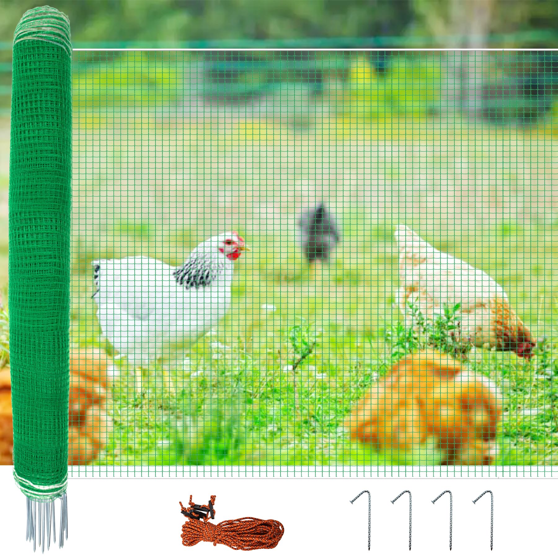 Non Electric Fence Netting 48"x65', Boundary Fence with Double Spiked Posts&Windproof Kit, Portable Poultry Fence for Dogs, Chickens, Ducks, Turkeys Suitable in Backyard, Garden, Farm-Green