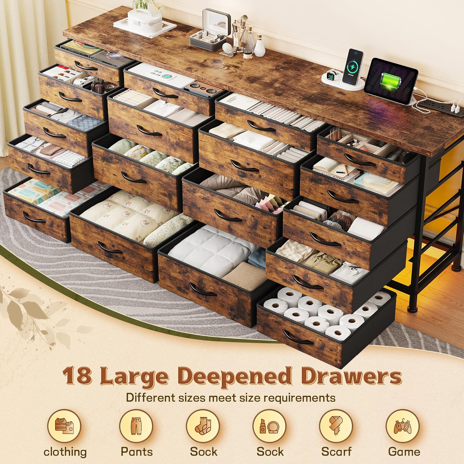 63"W TV Stand for Bedroom with LED Light & Power Outlets, Long Dresser with 18 Deep Drawers for 65 70 75 inch TV, Fabric Dresser TV Stands for Living Room Entryway Hallway Closet, Rustic Brown