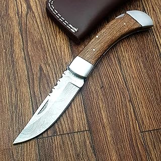 FZ-15 Handmade Damascus pocket knife for men | Folding knife | Bushcraft knife for Fishing, Camping, Hiking | Damascus steel hunting knife | Camping Knife with Leather Sheath. - TZ KNIVES