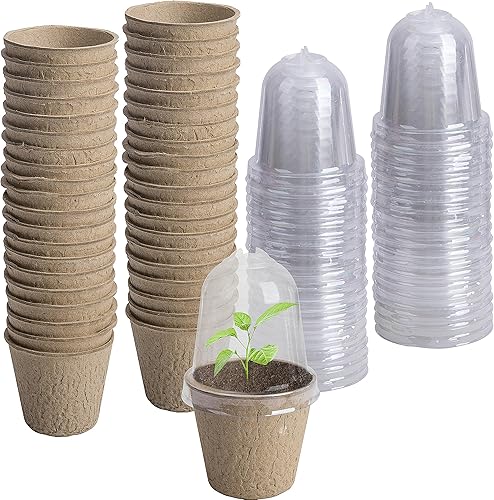 Vista 13 de EBaokuup 40 macetas biodegradables para siembra, macetas de vivero de plantas de 3.1 pulgadas con cúpula de humedad, macetas de turba para plantas