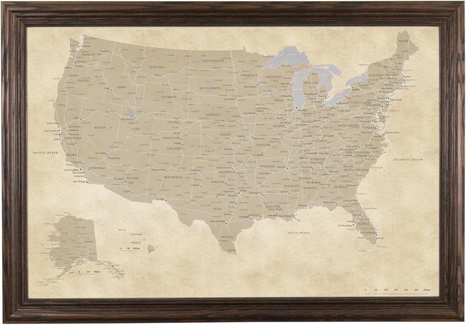 Push Pin Travel Maps - Vintage USA - Solid Wood Brown Framed Pin Map for Tracking Your Travels - 27.5" x 39.5" - 8 Handcrafted Frame Options - Made in USA - Ideal for Any Traveler