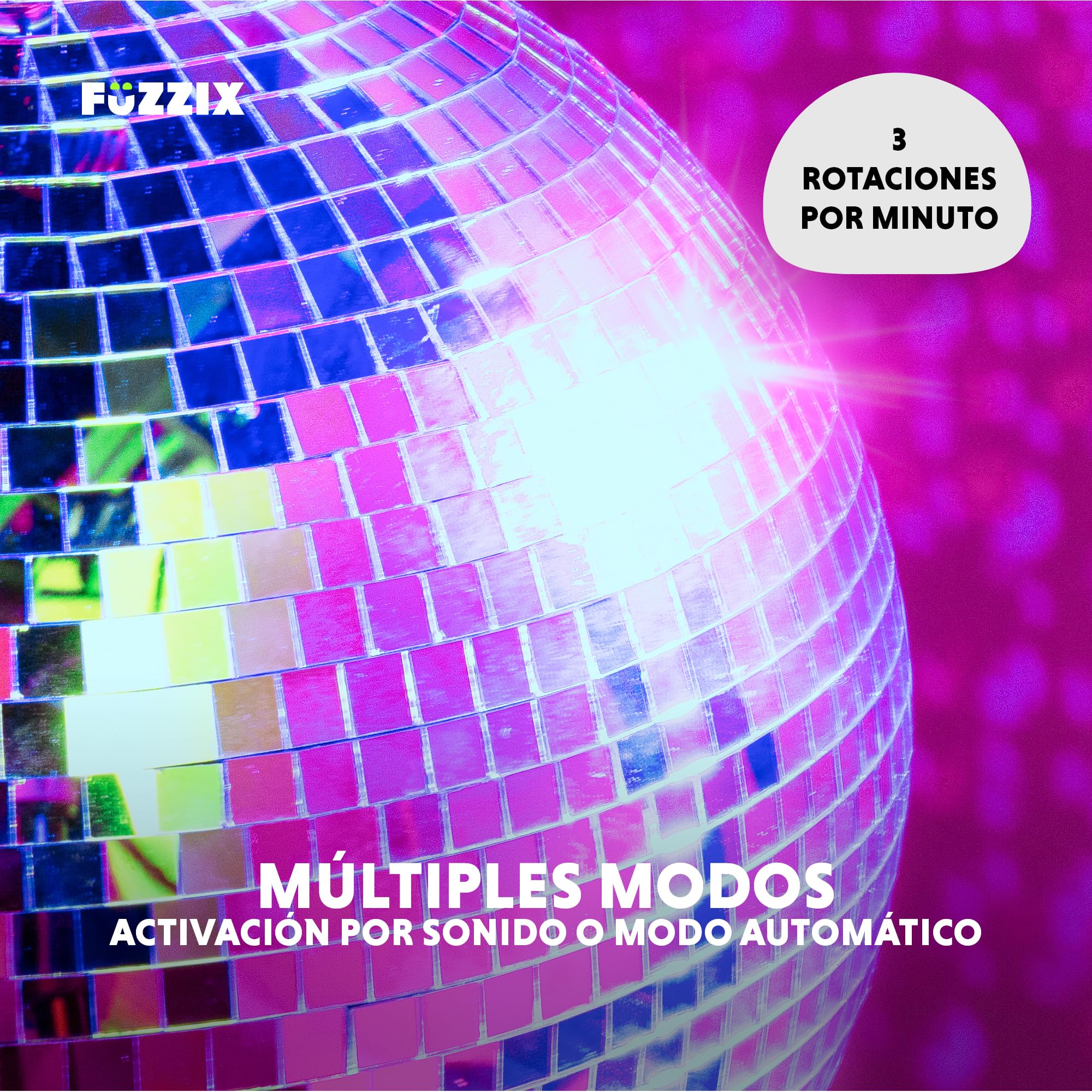 Fuzzix MB30ML Bola Disco. Bola de espejos a pilas de 30cm con motor LED giratorio. Bola de discoteca para colgar con LEDs. Ideal para discoteca, cumpleaños, boda, fiestas, salón de baile.
