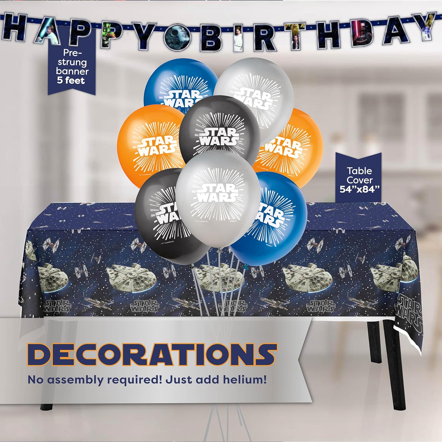 Star Wars Birthday Decorations Set | Star Wars Party Decorations | Banner, Tablecloth, 8 Balloons, 16 Plates, 16 Napkins, Sticker | Officially Licensed