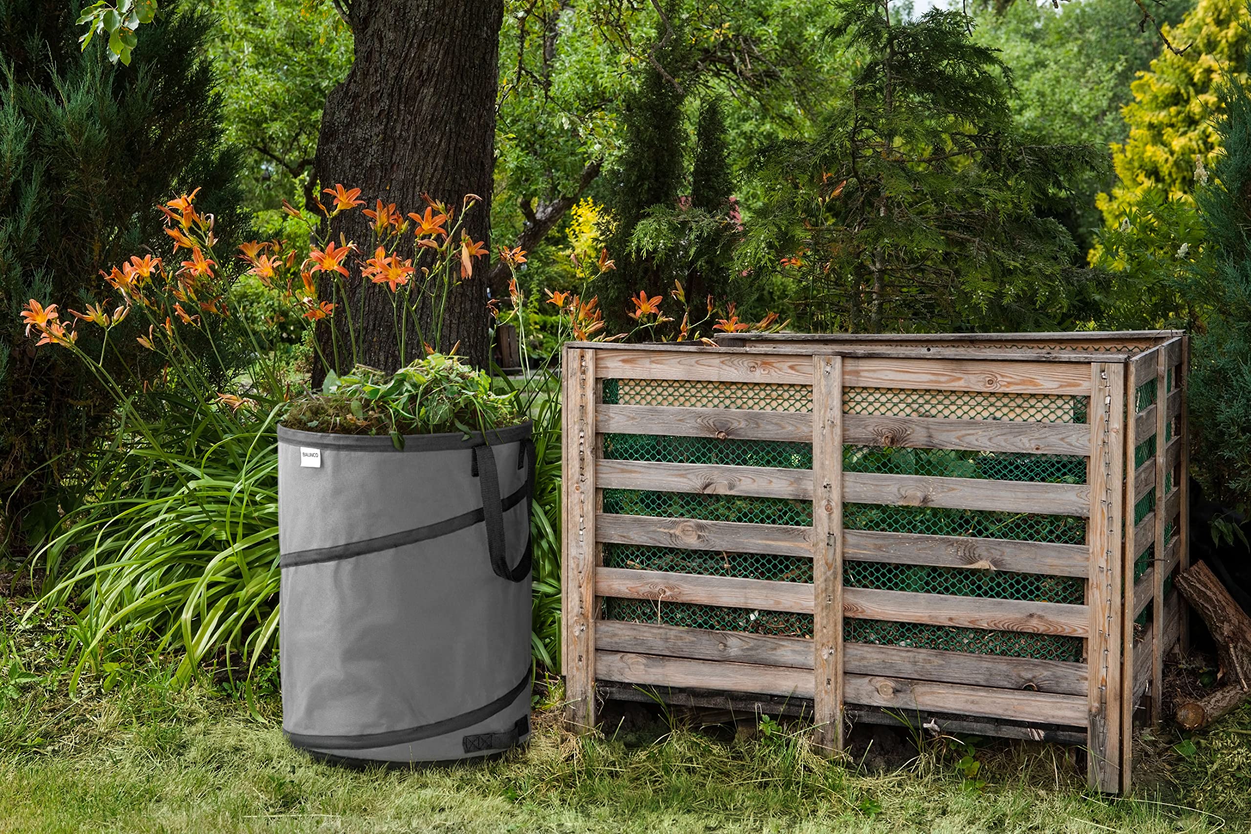 3x 170 litri sacco pop-up per rifiuti da giardino grigio autoportante e stabile | sacco per foglie | sacco per rifiuti verde pieghevole, grande in poliestere estremamente robusto 220 g/m²