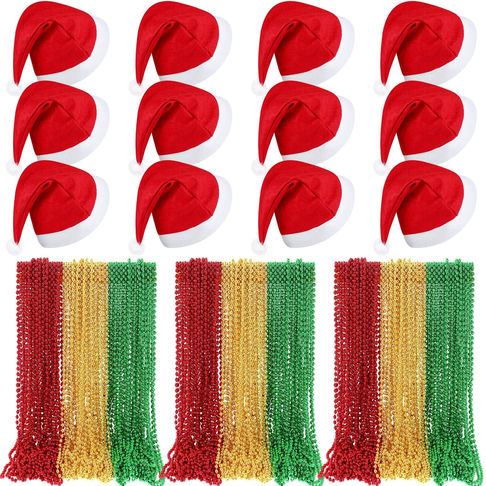 Mepase 96 Pieces Christmas in July Party Supplies Christmas Santa Hats Red Green Gold Bead Necklaces for Holiday Beach Party Supplies