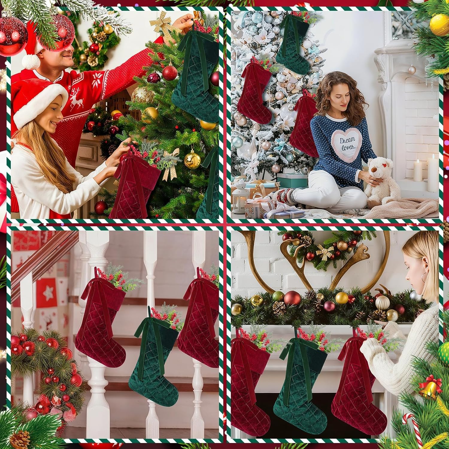 Olgaa Christmas Stockings Set of 4 Luxury Personalized Vintage Velvet 18 Inches Large Size with Bows Red Green Stocking Gifts Decorations for Fireplace Home Family Holiday Xmas Party (Red Green) - Image 7