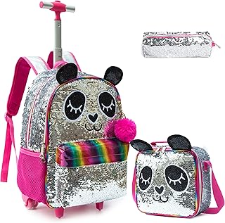 Panda School Kids Rolling Backpack for Girls With Wheels Trolley Wheeled Backpacks for Girls Travel Bags 3PCS Girls Backpack With Lunch Box and Pencil Case Kids Rolling Suitcase Silver Sequin Backpack