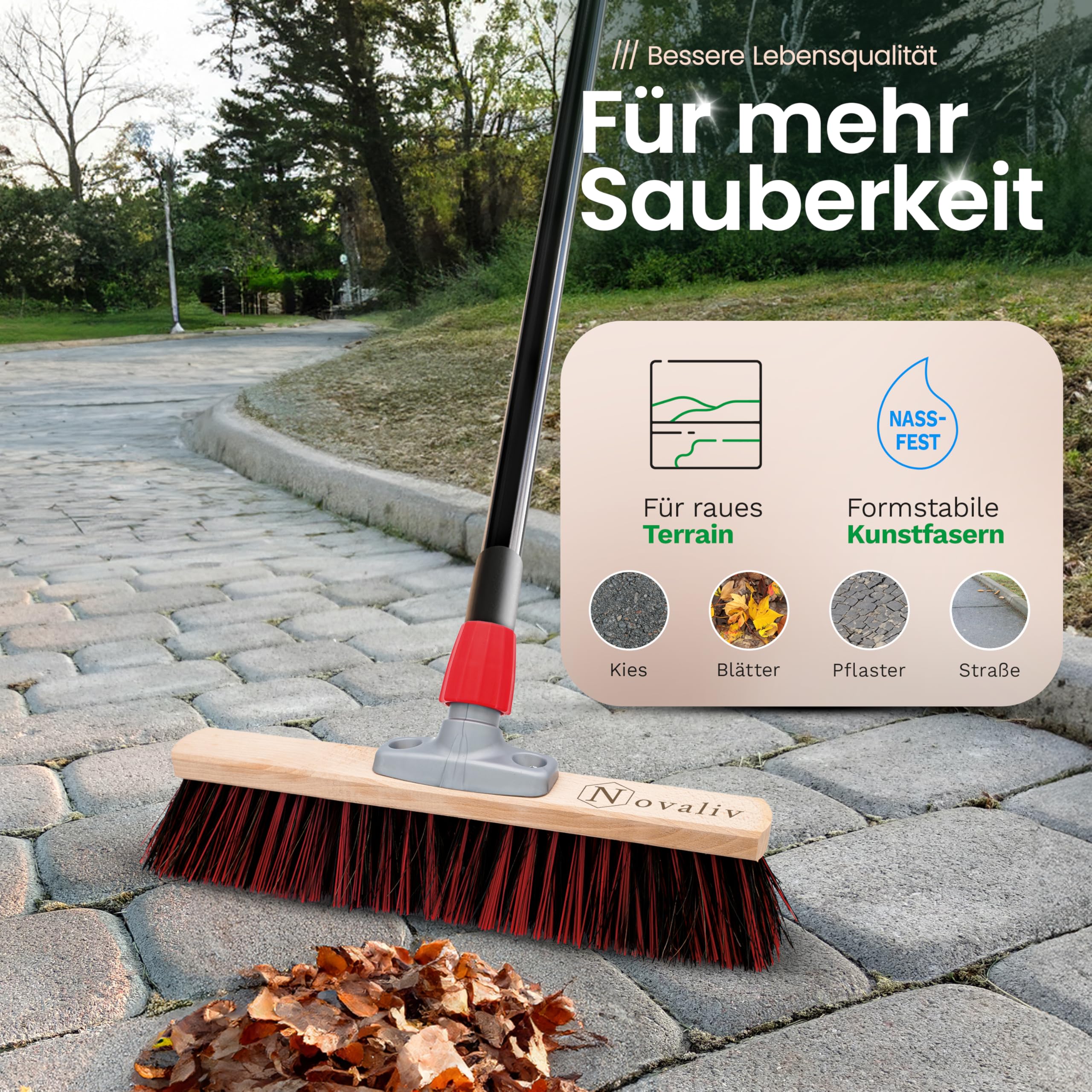Novaliv Straatbezem, set 40 cm, bezem, veegplaat en handveger, telescoopsteel, Arenga-elaston zwart-rood, met steel uittrekbaar, industriële bezem, tuinbezem
