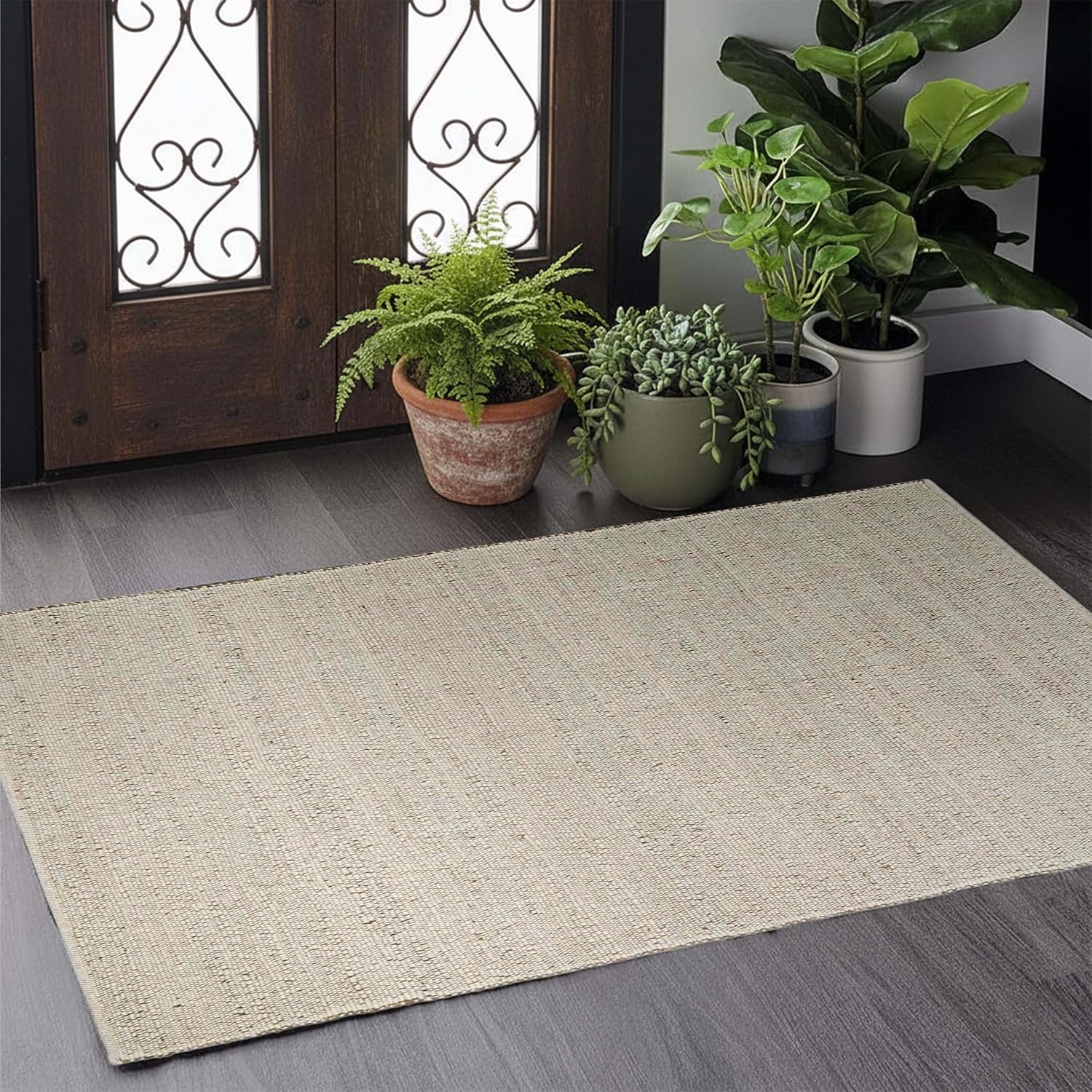 gruhum jute cotton area rug 2'x3'ft rectangle hand woven natural farmhouse boho rug for living room, bedroom, kitchen, hallways - rustic vintage bohemian eco-friendly décor 2x3 doormat 2' x 3' (rectangular) natural - ivory
