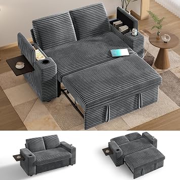Vipbear 65" Loveseat Sleeper Sofa with Pull Out Bed, Plush Corduroy 3-in-1 Convertible Sofa Bed with Reclining Backrest|USB Ports|Cup Holders|Side Table|Storage Armrests, Tool Free Assembly, Grey