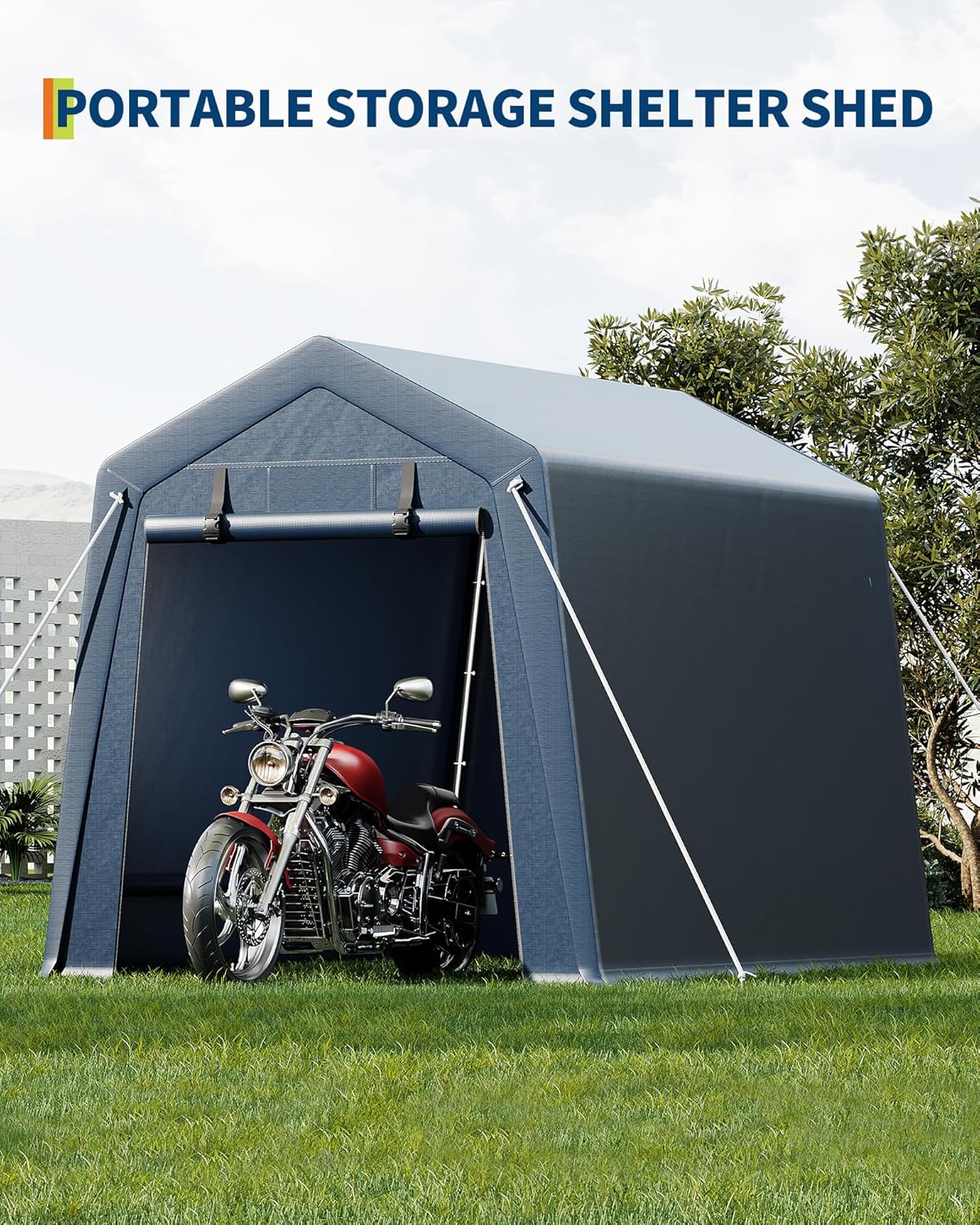 6x8 ft Outdoor Storage Shed, Portable Carport with Roll-up Ventilated Zipper Door and Windows, Heavy Duty Waterproof Tarp, Storage Sheds for Motorcycle, Bike, Firewood, Garden Tools