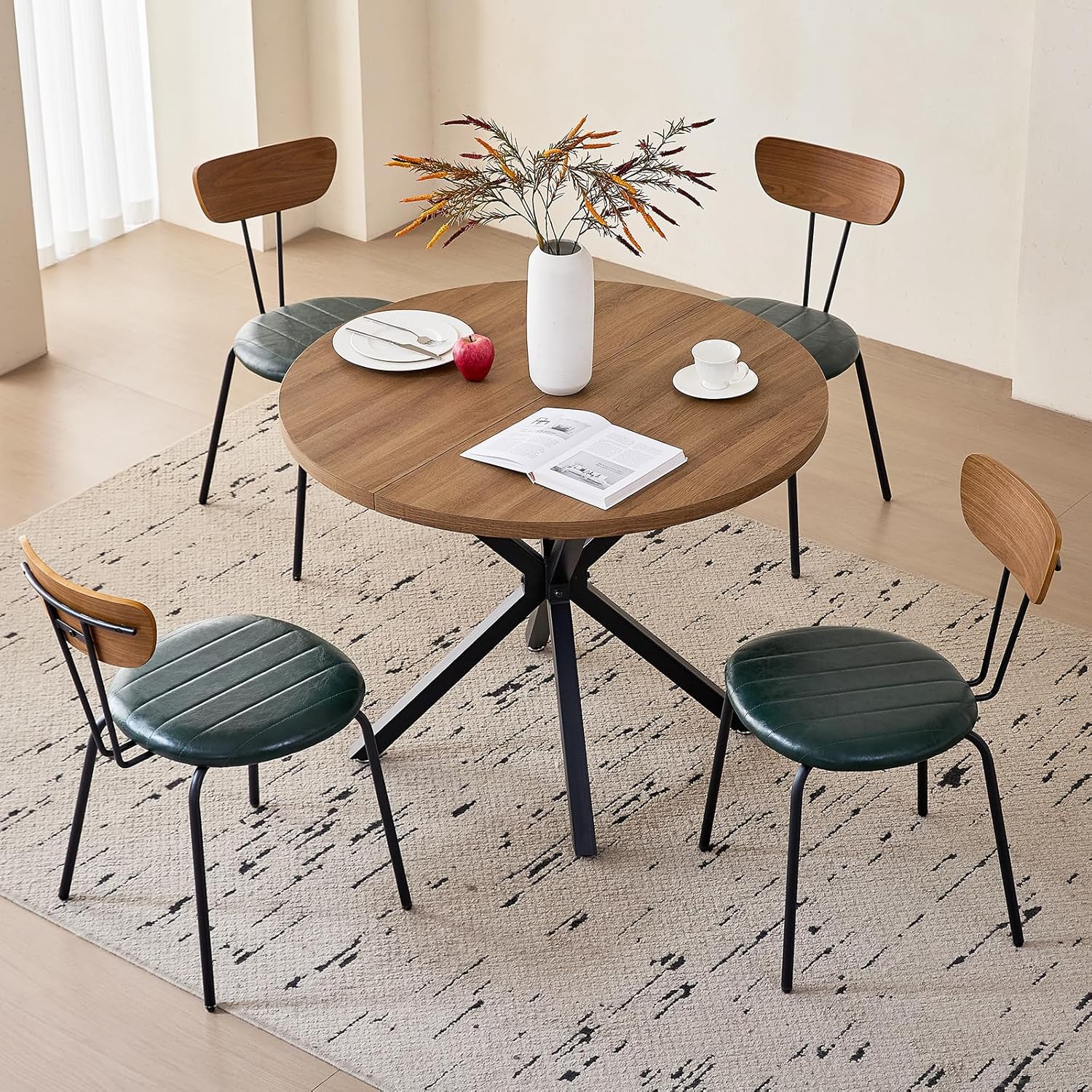 39" Round Dining Table Set for 4, Mid Century Kitchen Table with 4 Green [Synthetic Leather] Stackable Dining Chairs for Apartment Living Room Space Saving