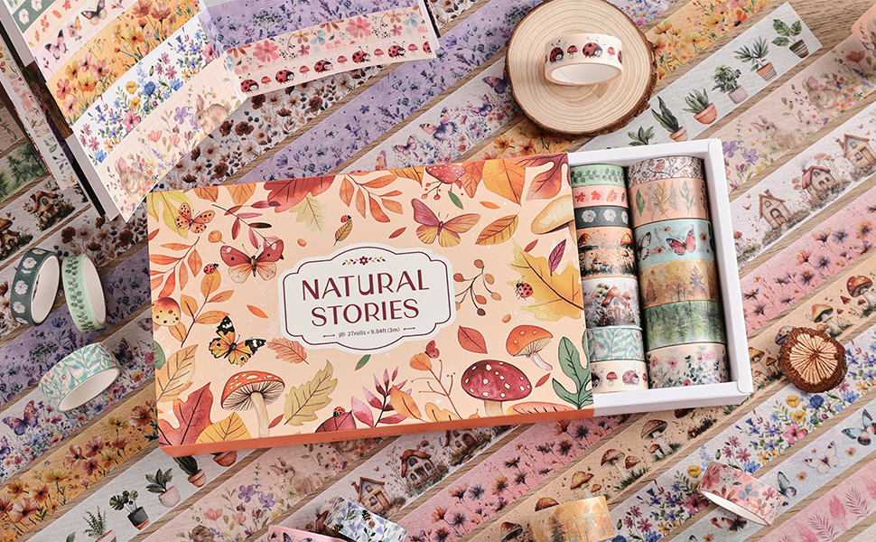 Image of PAGEMORE 27 Rolls Vintage Washi Tape Set, Floral Butterfly Forest Mushroom Botanical Flower Writable Decorative Tapes for Scrapbooking, Junk Journal Supplies, Bullet Journaling 9.84ft Long /Roll