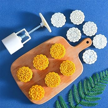 Mooncake Mold Press 50 g with 6 Stamps Moon Cake Mold Press Biscuit Stamps Cake Press Round Flowers Decoration Tools for Baking DIY Cookie Cake Biscuits Dessert White