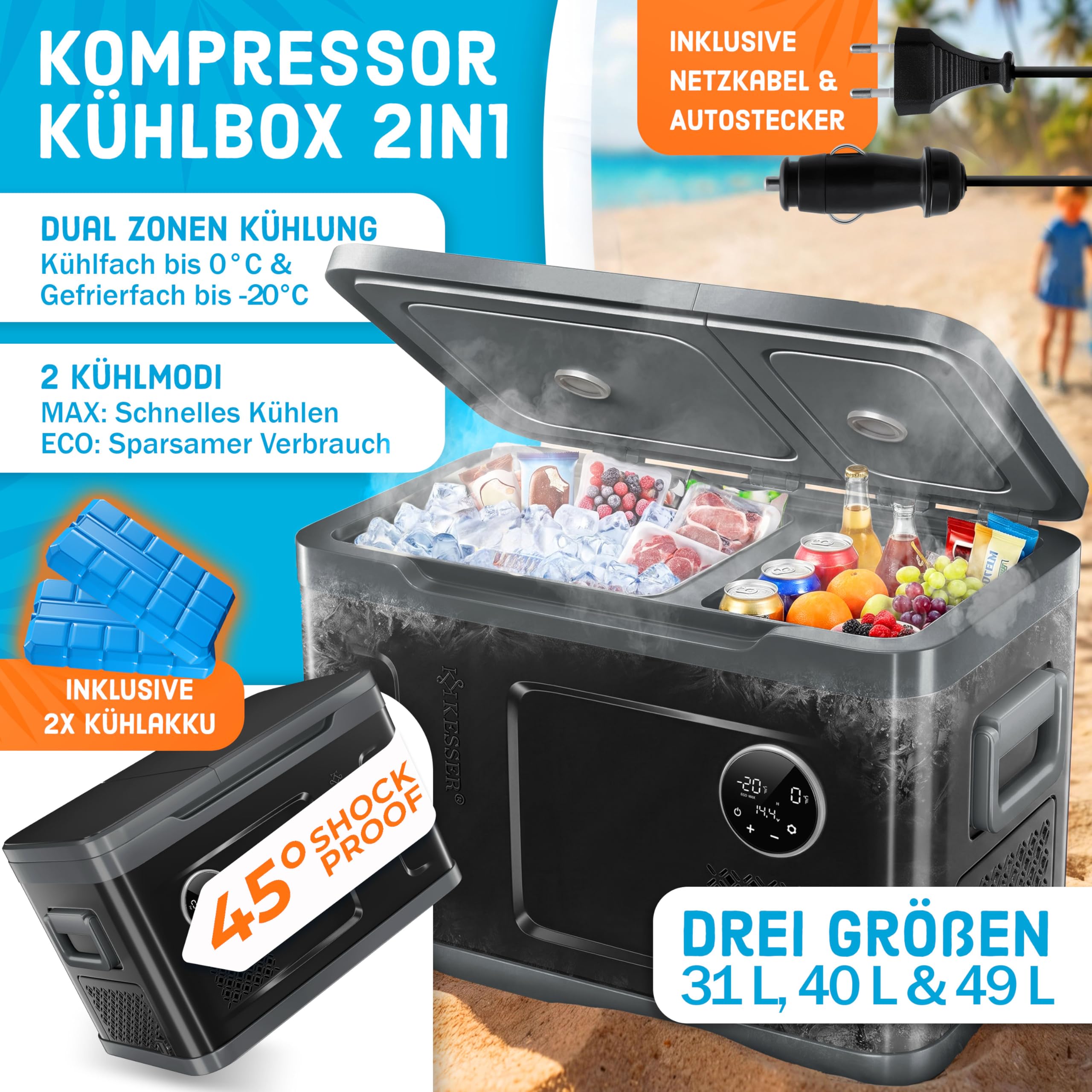 KESSER® Glacière à compresseur 2en1 double zone de réfrigération & de congélation, électrique Glacière de congélation Commande tactile LED 12/24 V 230V, Réfrigération jusqu'à -20 °C 49 Litres