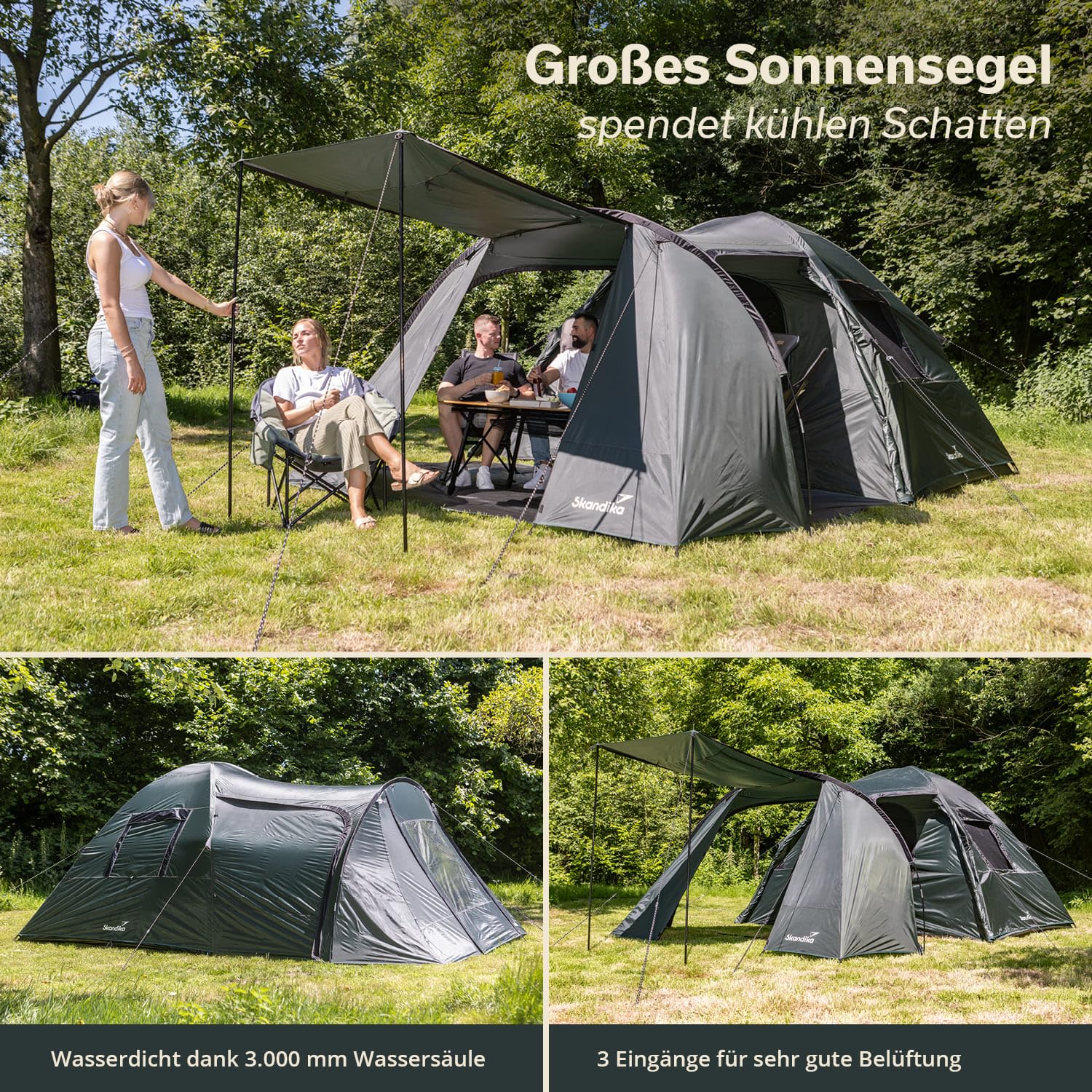 Skandika Kuppelzelt Västervik 5 | NEUES Modell 2024, Camping Zelt 5 Personen mit Vorraum, eingenähter Zeltboden, wasserdicht, 195 cm Stehhöhe, 3000 mm Wassersäule, 3 Eingänge | Familienzelt