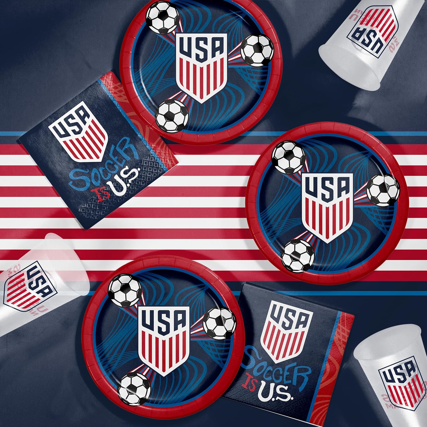 USMNT World Cup 2026 U.S. Men's Soccer Multicolored Disposable Tableware Set with Party Paper Plates, Absorbent Dinner Napkins, Plastic Tumblers, and Plastic Tablecloth, Serves 16