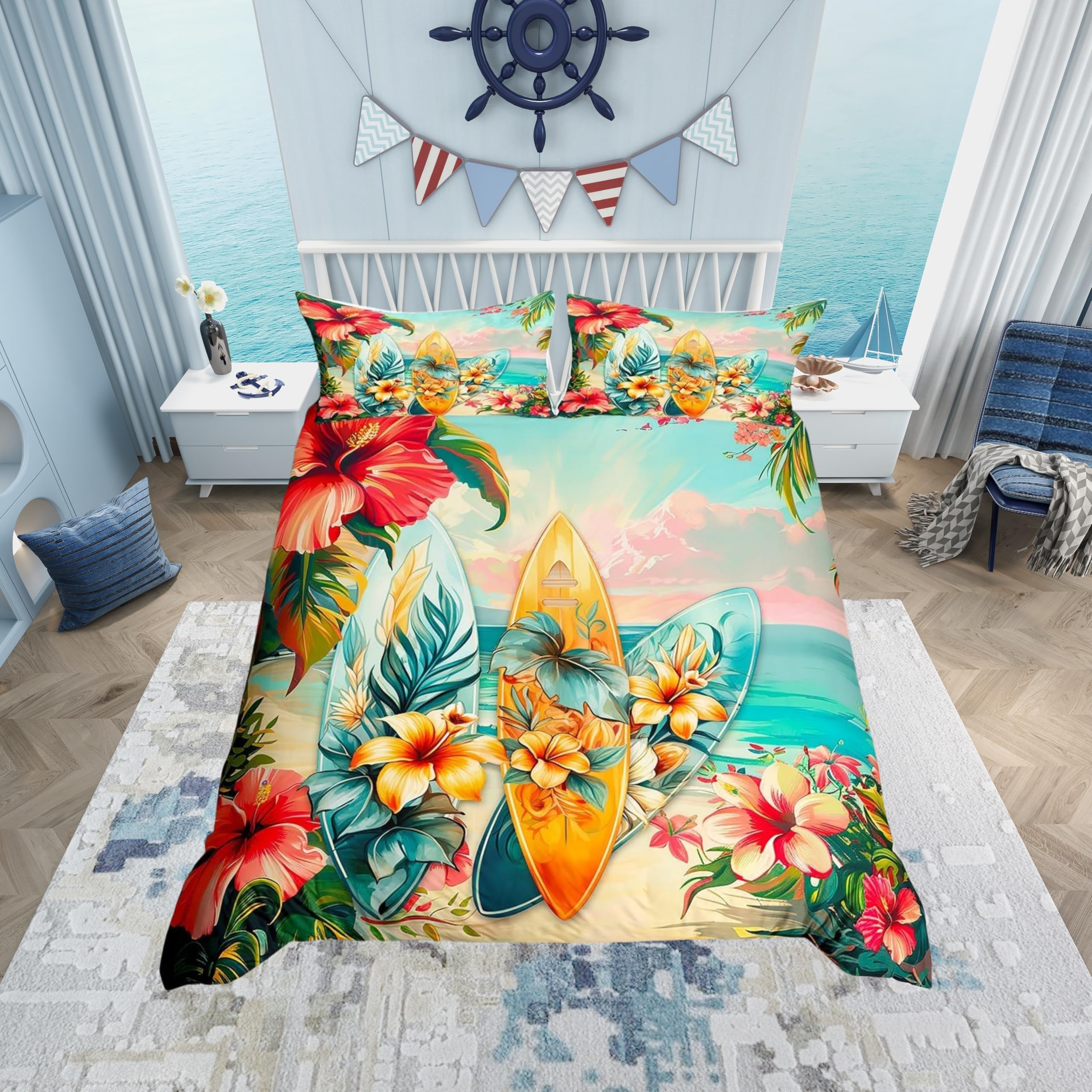 Manfei Surfing Duvet Cover Set Twin Size,Tropical Palm Trees Leaves Flowers Bedding Set for Boys Girls,Surfboards Summer Beach Comforter Cover,Blue Red Colorful Quilt Cover,1 Pillowcase(No Filler)