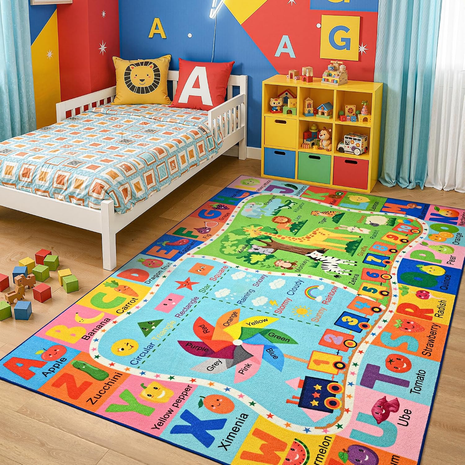 Maxsoft Kids Area Rugs for Playroom, Educational 4x6 TPR Non Slip Play Mat for Classroom Bedroom, Washable Learning Playmat Fun ABC Alphabet Carpet Rug for Kid Nursery Children Toddler Room