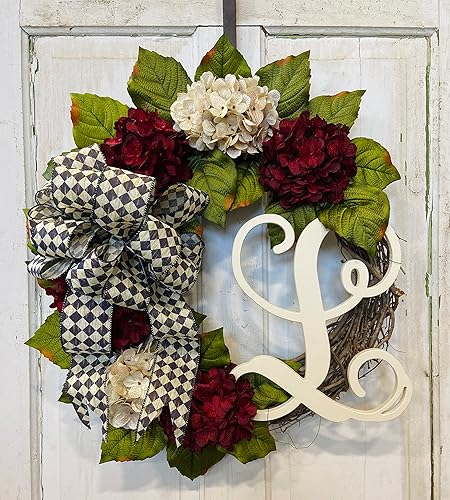 Hydrangea Monogram Front Door Wreath with Cream and Ruby Red Hydrangeas on Grapevine Base-Farmhouse Garden Cottage