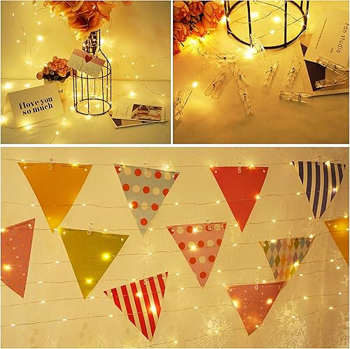 Miniatura 3 de Cynzia Cadena de luces con clip de fotos alimentada por USB con Romote, 100 luces LED con 50 clips transparentes, cadena de luces de alambre