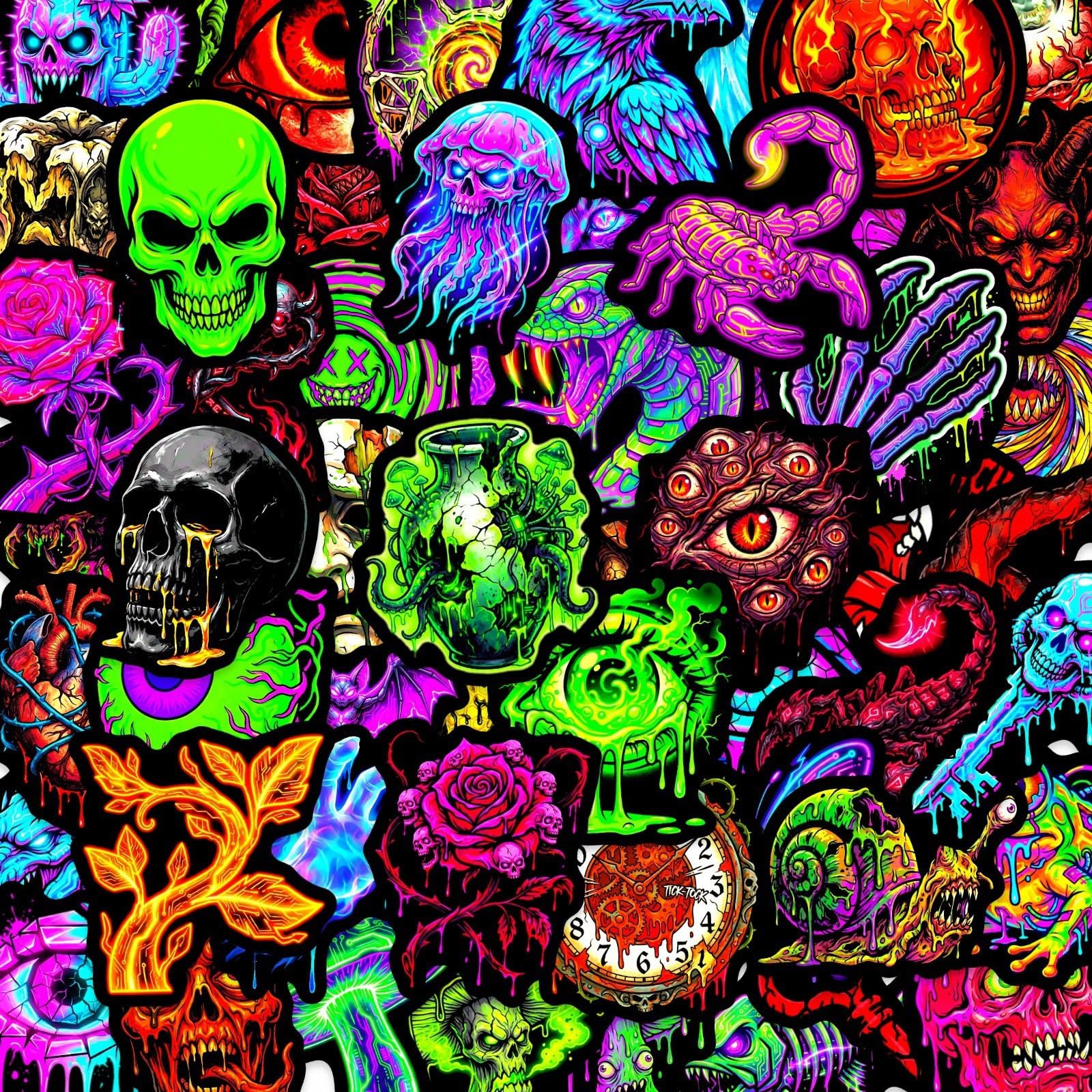 50Pcs Dark Neon Skull Stickers Edgy Horror Vinyl Decals for Laptops Skateboards Luggage Helmets Bikes and Phones Fans Lovers and Eerie Vibe Enthusiasts