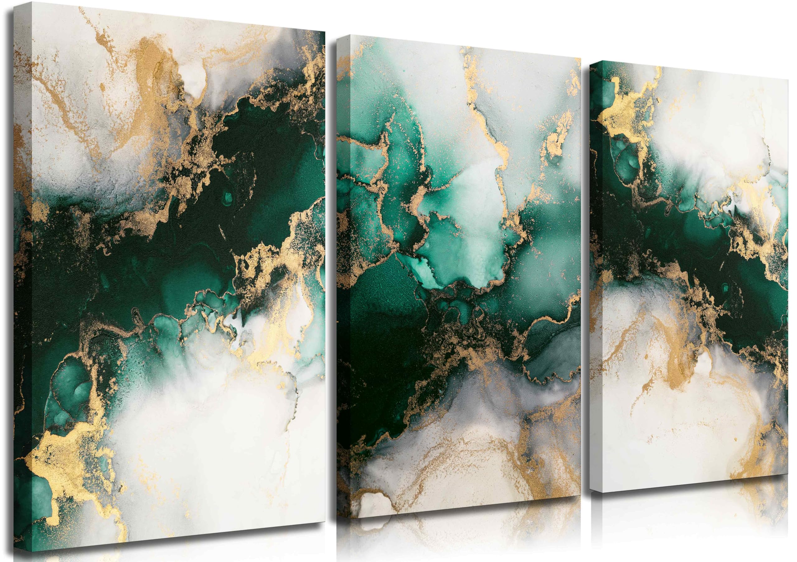 3 Piecs Emerald Green and Gold Canvas Wall Art Modern Abstract Glam Fluid Marble Painting Pictures Living room Wall Decor Posters Prints for Bedroom Bathroom Office Home Decoration